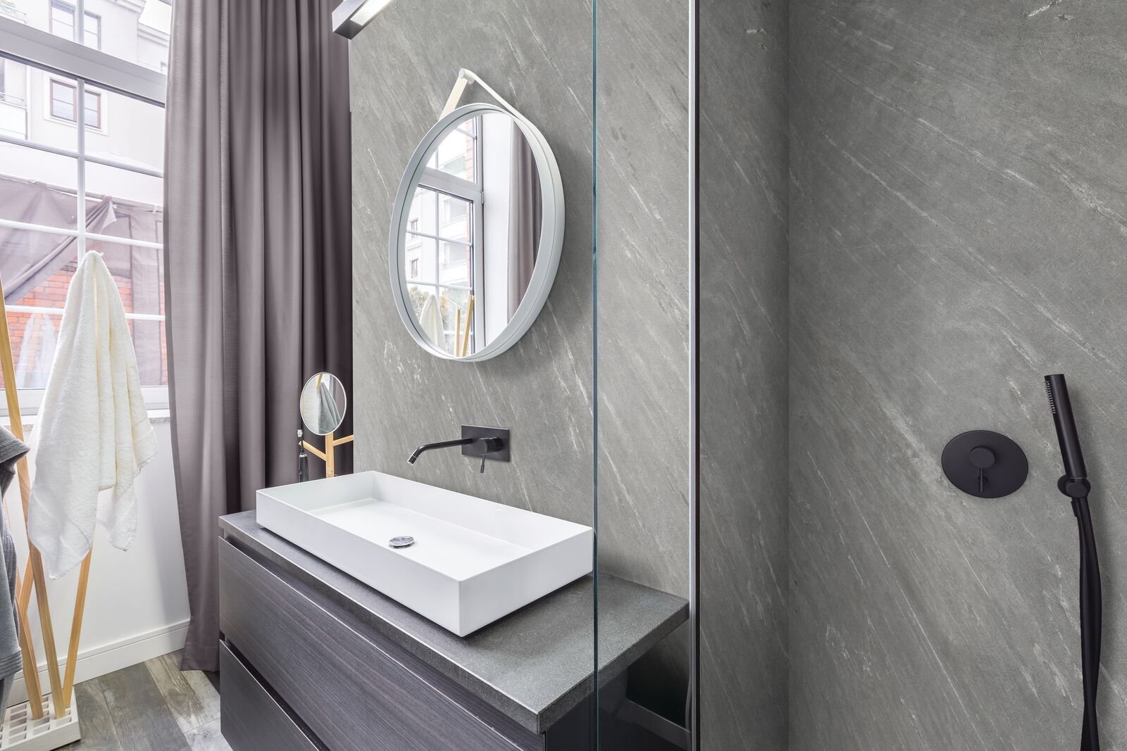 Wall Panel Grey Slate Installed In Bathroom