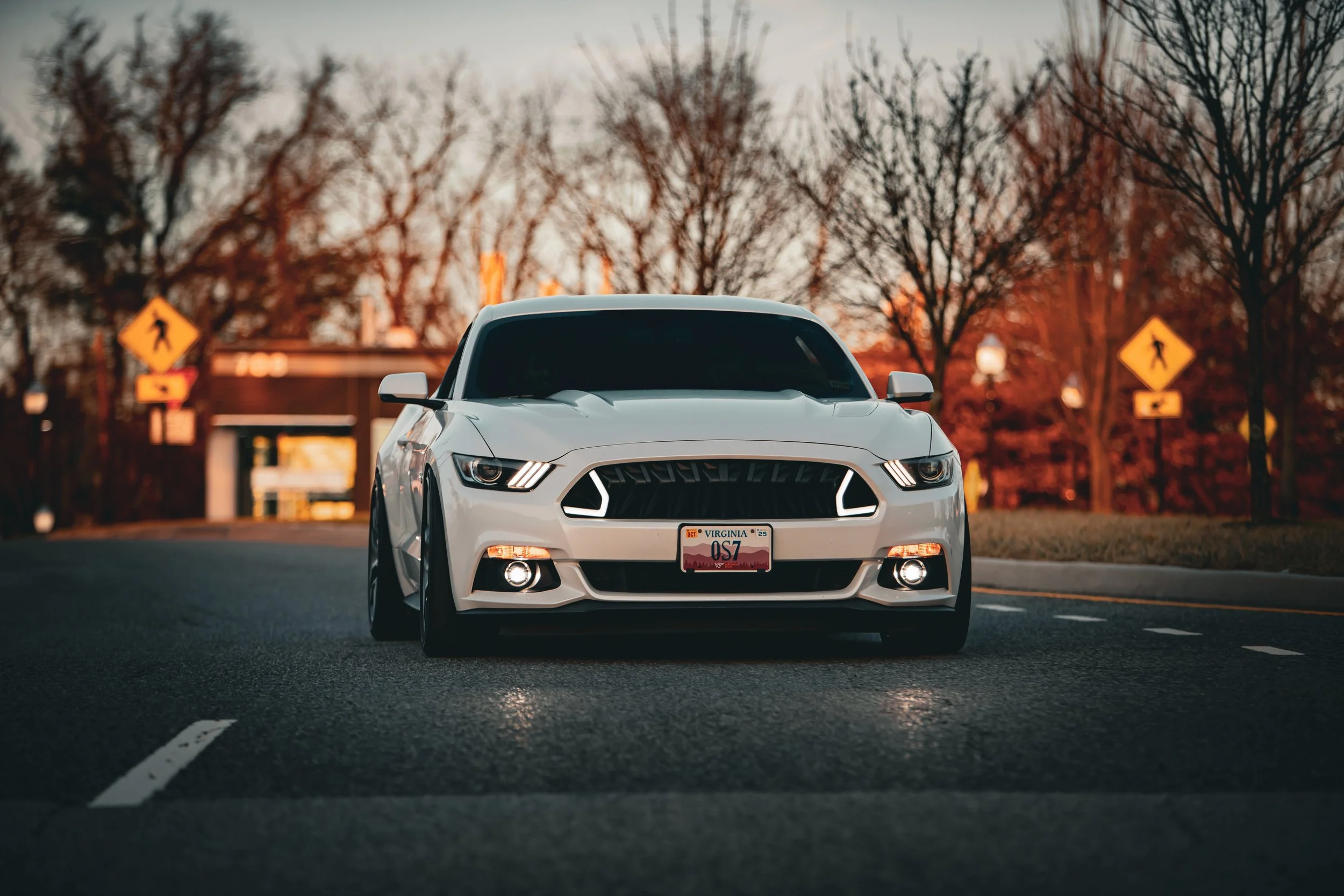 White sports car on a city street at sunset, with leafless trees and pedestrian crossing signs in the background.