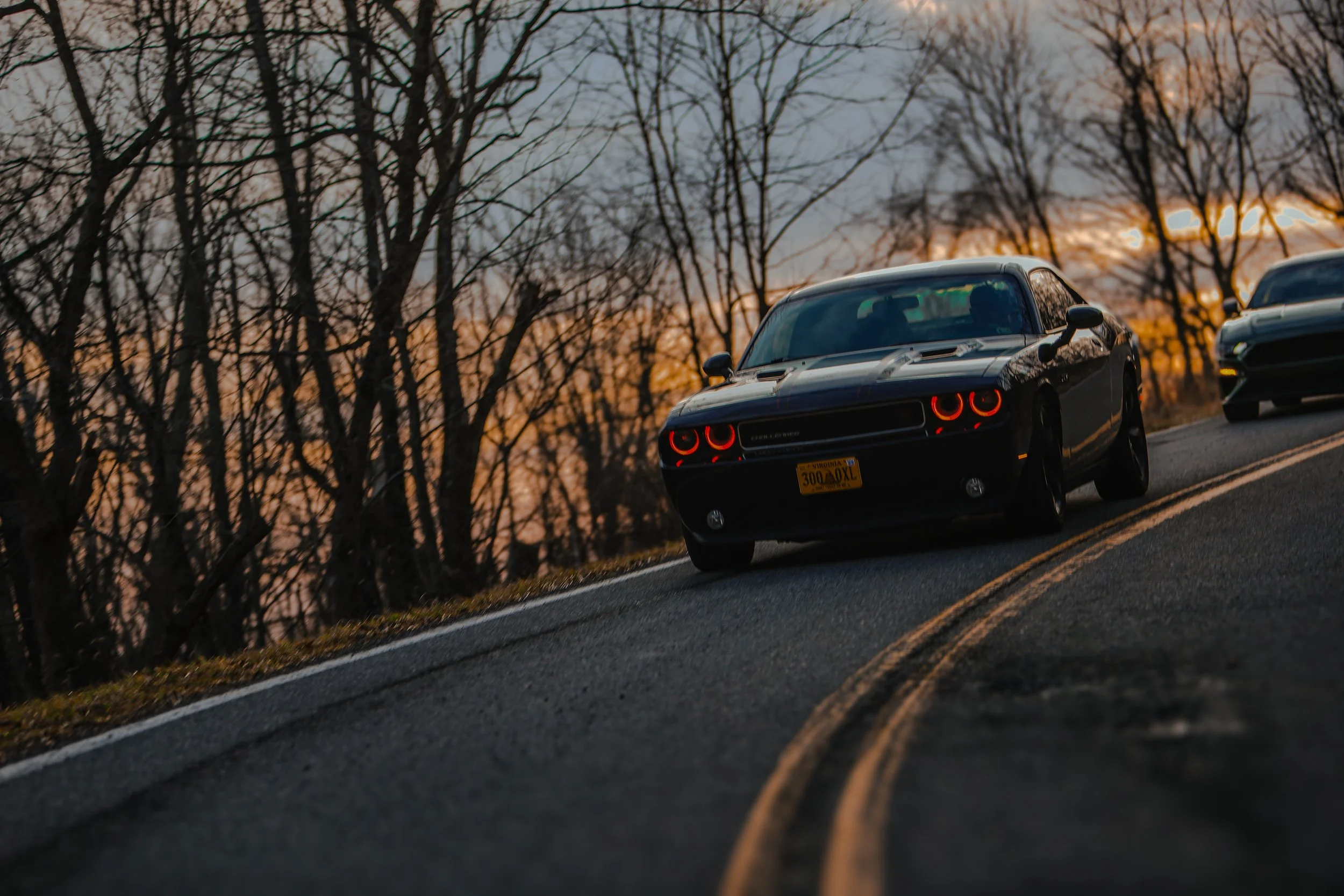 A black Dodge Challenger driving on a winding road during sunset, with leafless trees in the background.