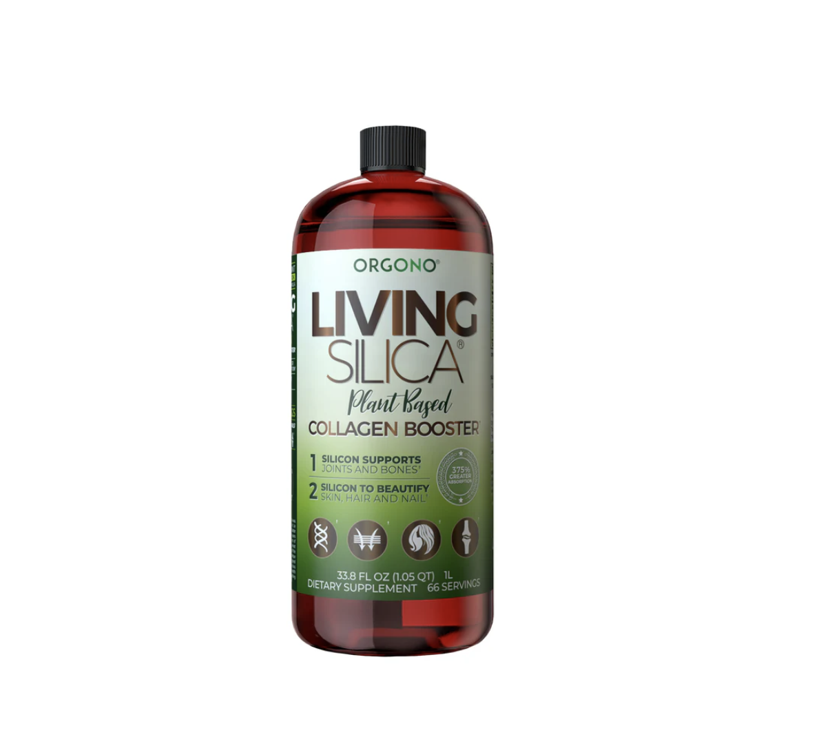 Bottle of Living Silica dietary supplement outdoors, with trees and a white fence in the background.