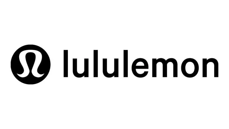 Lululemon logo with black text and a stylized black circle containing a white abstract symbol.