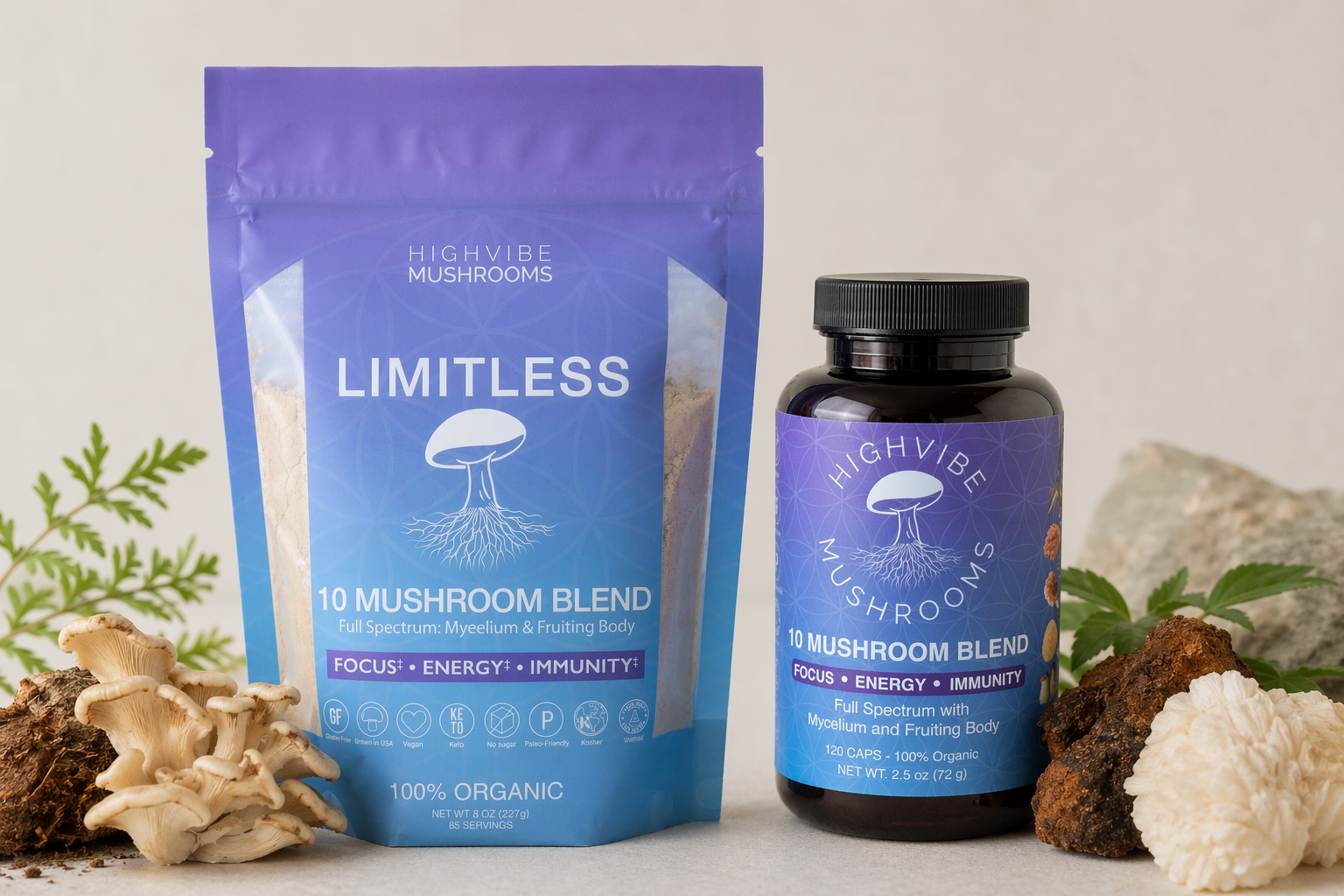 A package and bottle of HighVibe Mushrooms Limitless 10 Mushroom Blend supplement with natural mushrooms and rocks around, set on a neutral background.