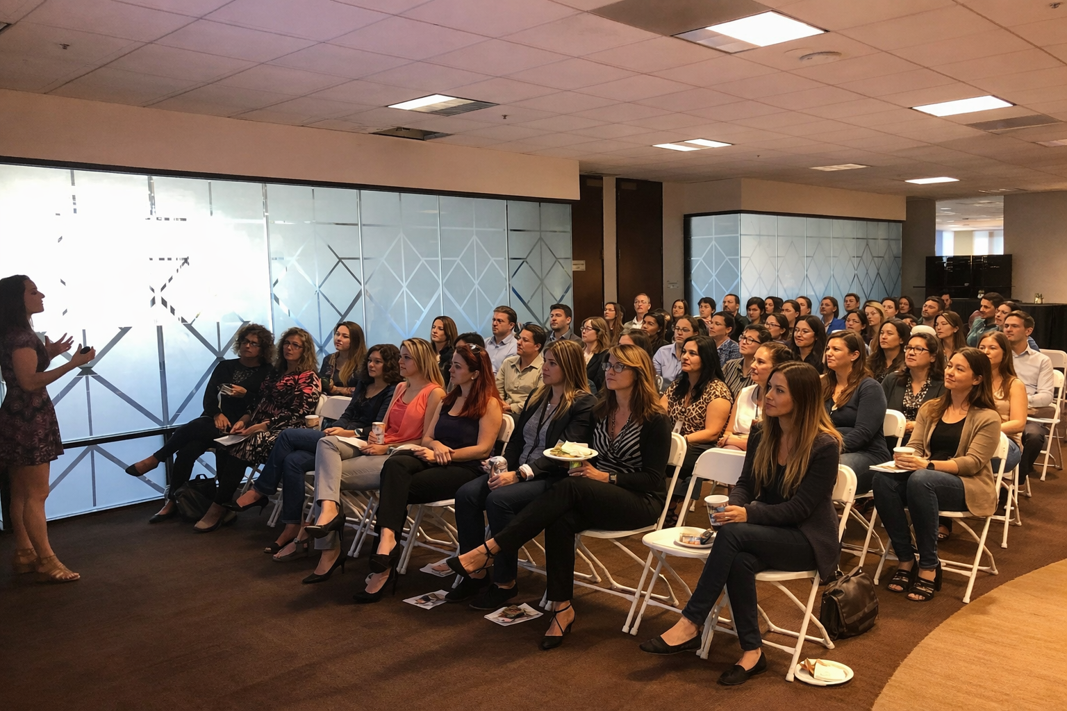 A woman is giving a presentation to a large audience seated in an office conference room.