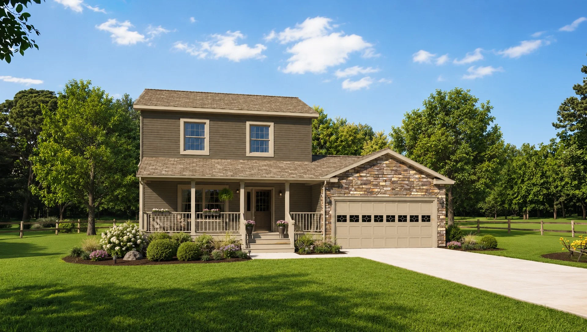 A two-story house with a front porch, tan siding, a garage, and a well-maintained lawn with trees in the background.