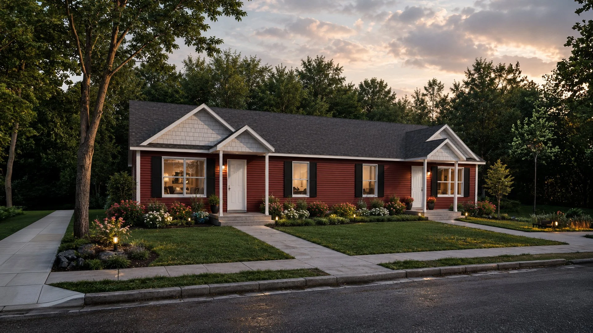 A single-story red duplex with white trim and black shutters, surrounded by a well-maintained lawn and flowerbeds, under a partly cloudy sky.