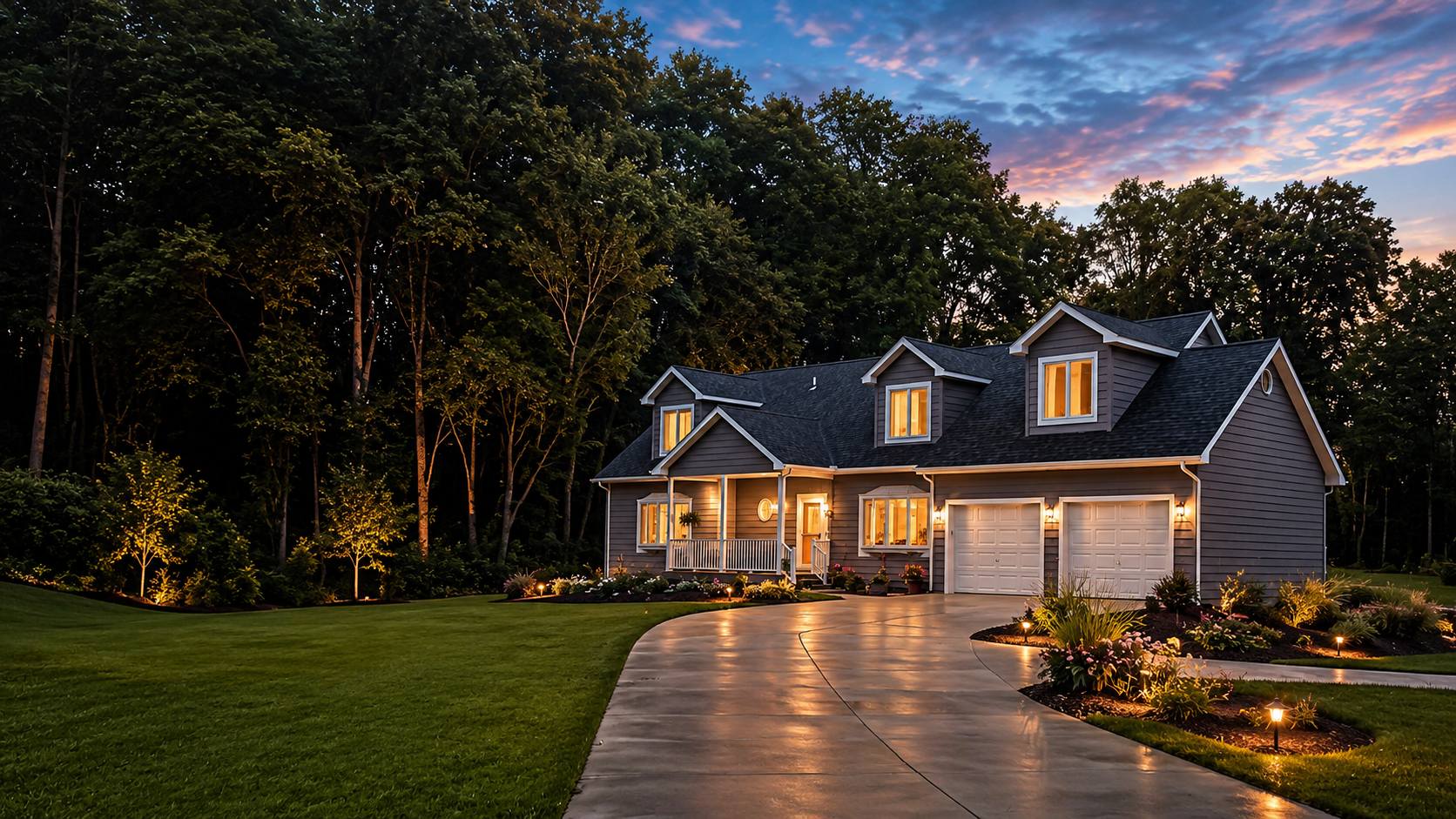 A two-story gray house with a gabled roof and white trim sits at the end of a clean concrete driveway, with a lawn on either side, located in a lush, wooded area under an overcast sky.