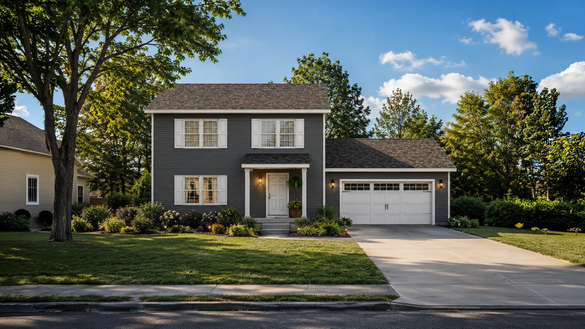 A two-story blue house with white shutters and a white front door, attached garage, green lawn, and trees in the background under a blue sky.