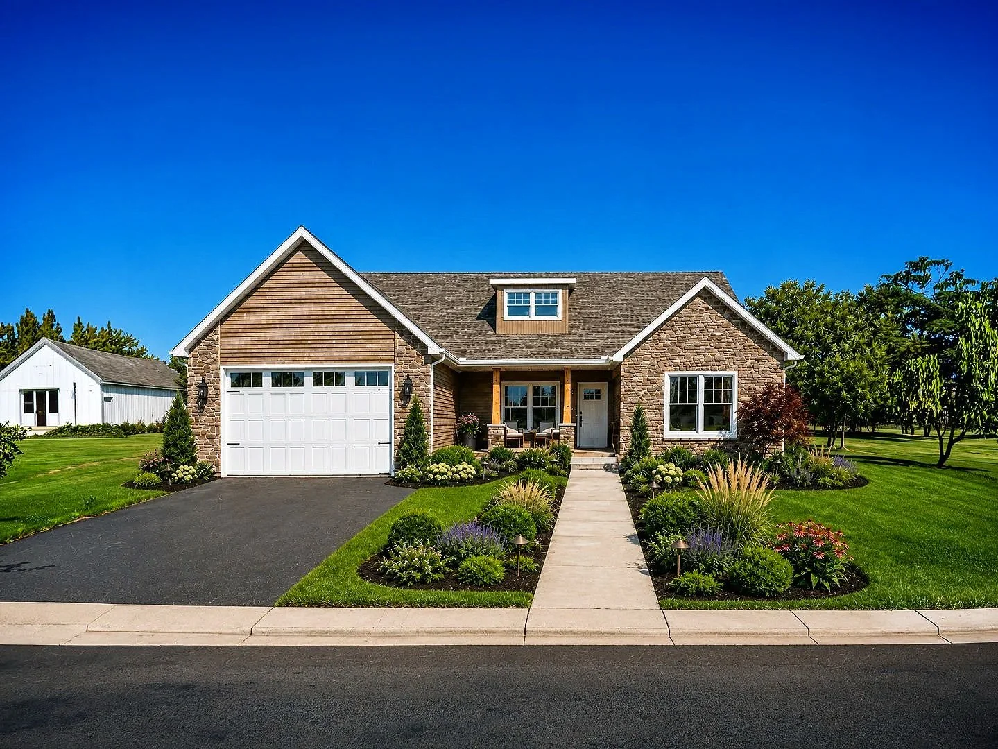 A modern cape cod style house with a brick and siding exterior, a gable roof, and a two-car garage. The house has front steps leading to a small porch with a front door and large windows.