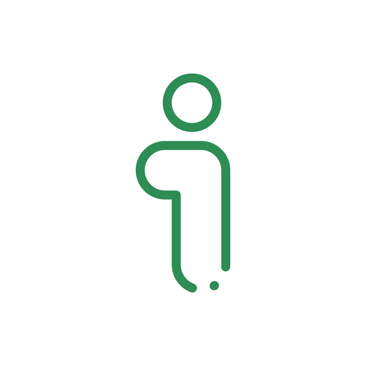 Green outline of a person with a question mark underneath inside a white circle. likely a help or support icon.