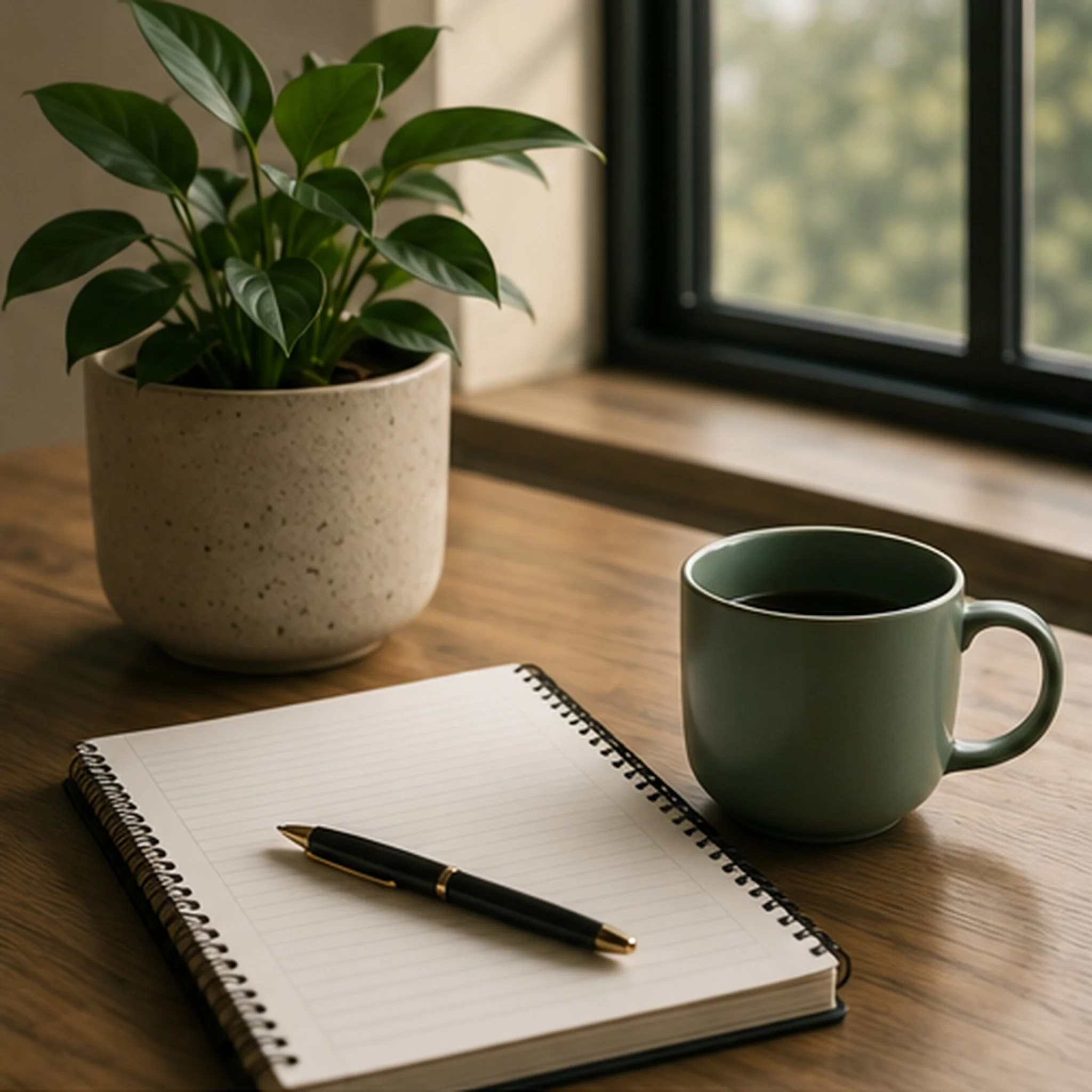 Open notebook with lined pages, a black and gold pen resting on it, a green coffee mug, a potted plant with large green leaves on a wooden table, and a window with a view of greenery outside in the background.