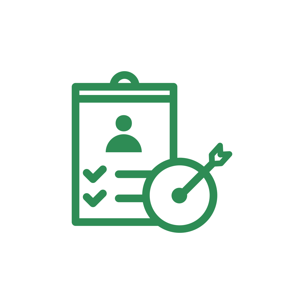 Icon of a profile card with checkmarks, a clock with an arrow, and a person symbol, representing profile tracking or assessment.