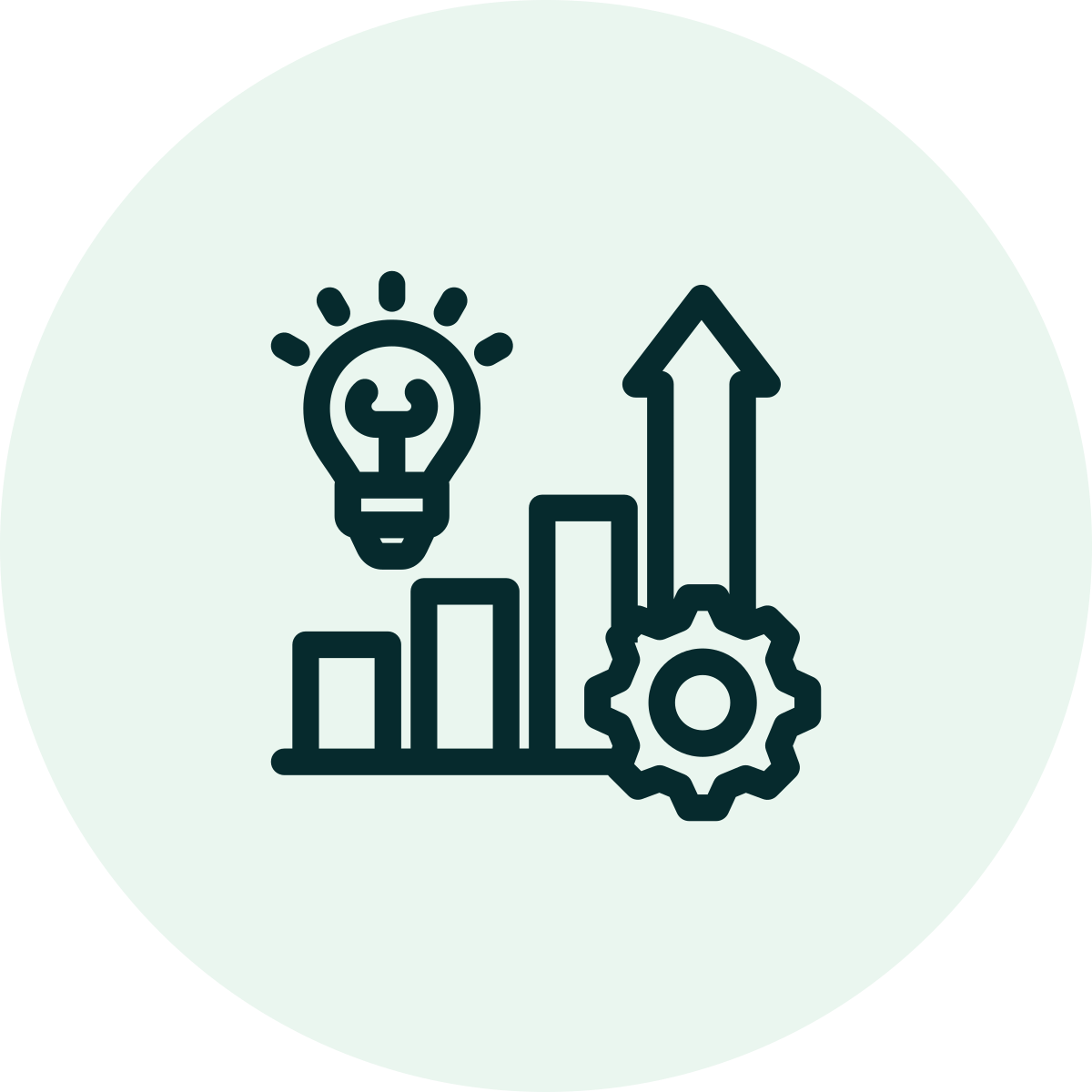 Graph with ascending bars, a gear icon, a lightbulb, and an upward arrow, representing growth and innovation.