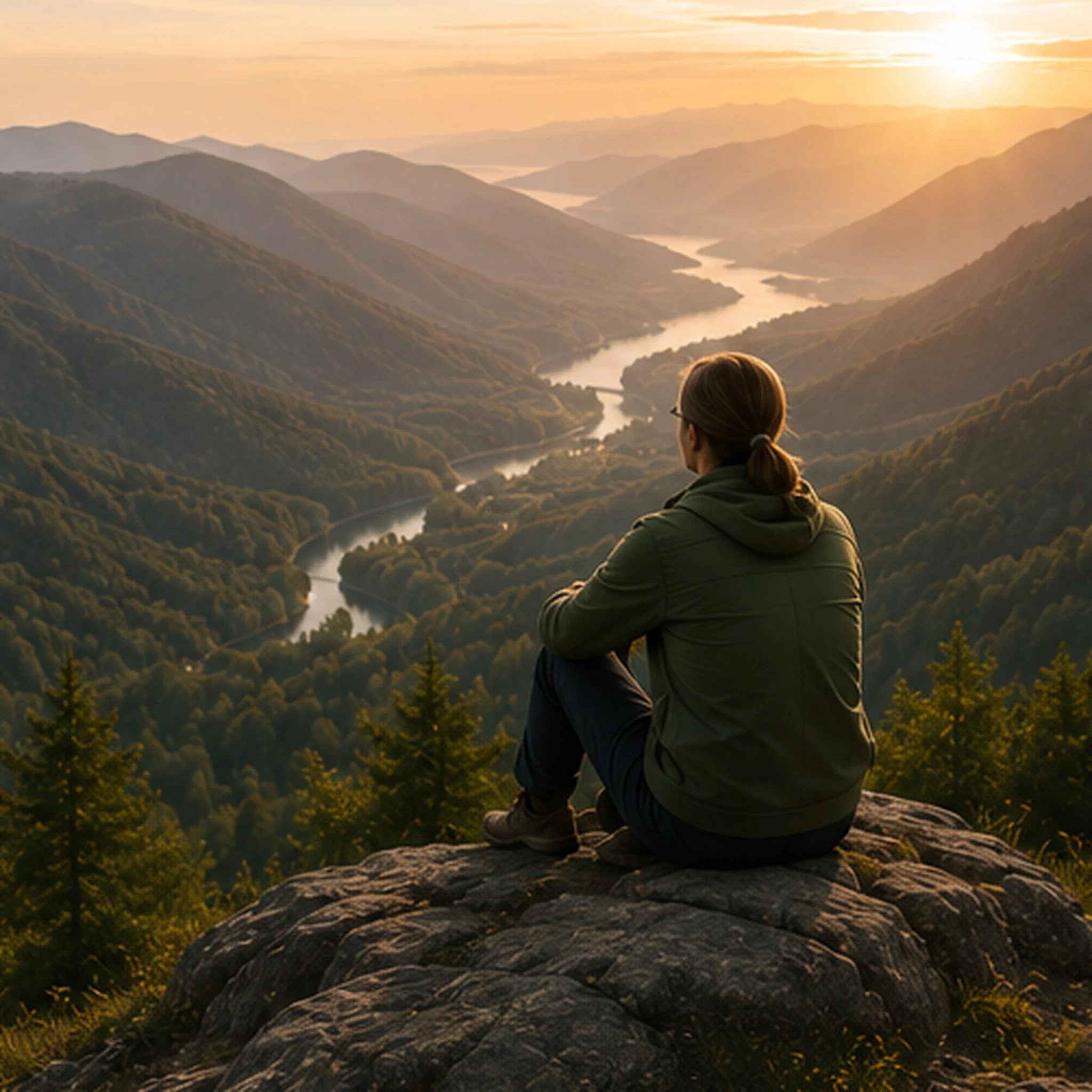 A person with glasses and long hair tied back, wearing a jacket, sitting on a large rock, looking over a mountainous landscape with a river flowing through the valleys during sunset.