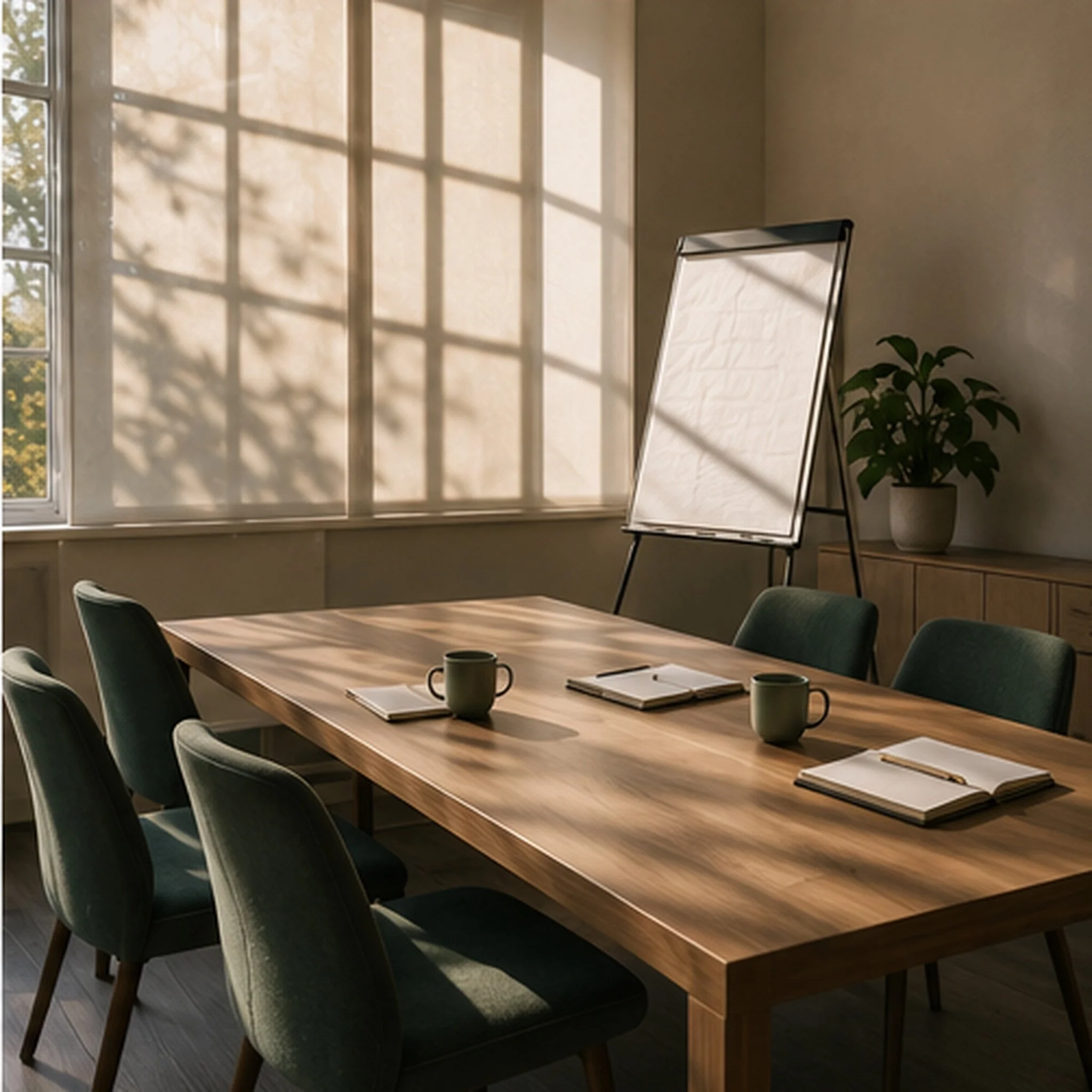 A conference room with a large wooden table, eight green upholstered chairs, a potted plant, sunlight casting shadows through a window with grid panes, and some notebooks and mugs on the table.