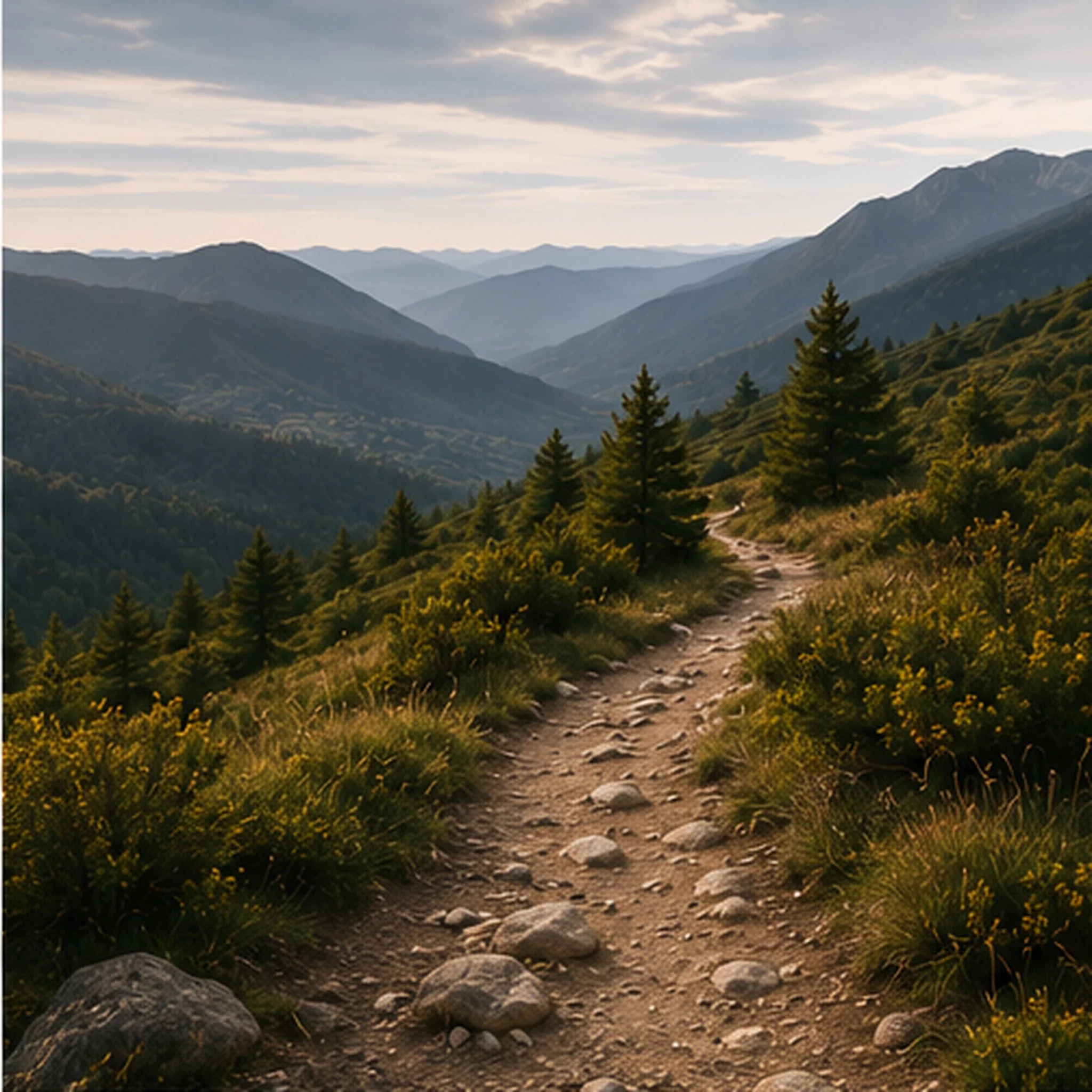 Dirt and rocky mountain trail surrounded by green pine trees, with mountain ridges in the background under a cloudy sky.