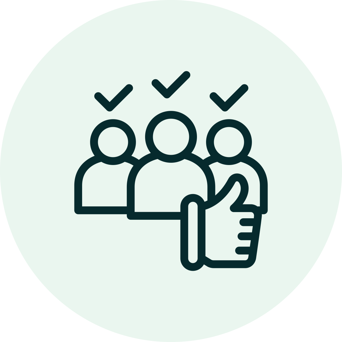 Icon of three people with check marks above their heads and a thumbs-up symbol in the foreground.