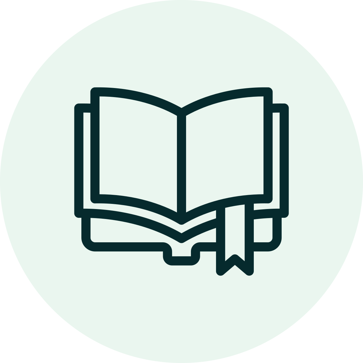 Outline drawing of an open book with a bookmark on the right side, on a light circular background.