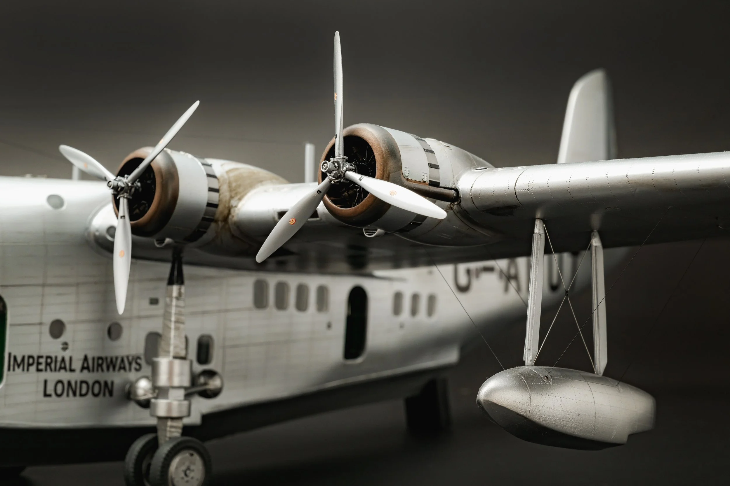 Short Empire flying boat model left wing engines and float close-up