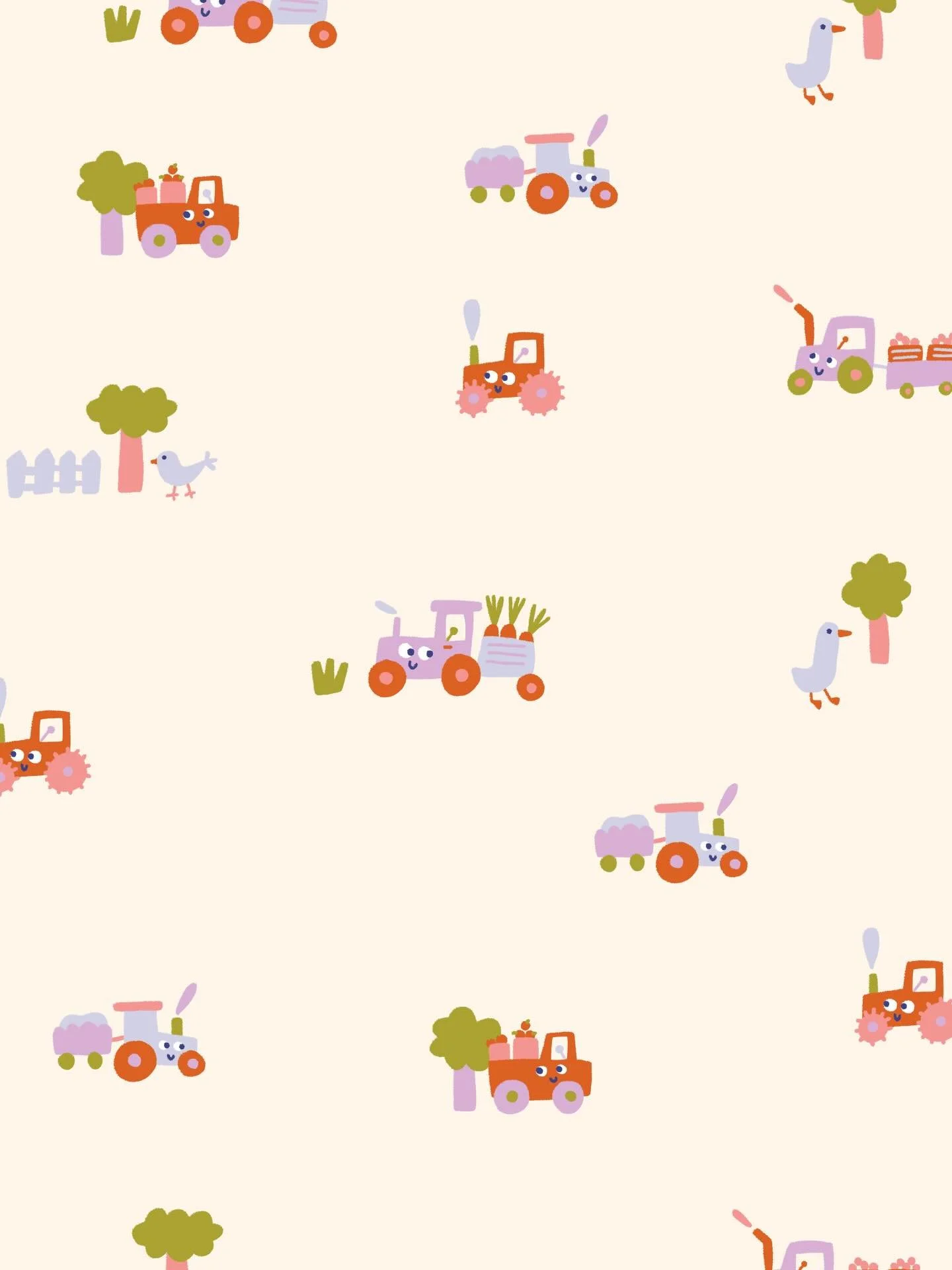 Motif printanier et tracteurs malicieux, qui n&rsquo;attendent plus que d&rsquo;&ecirc;tre d&eacute;pos&eacute;s sur une petite salopette de b&eacute;b&eacute; 🌼

#patterndesign #designforkids #motif #illustration