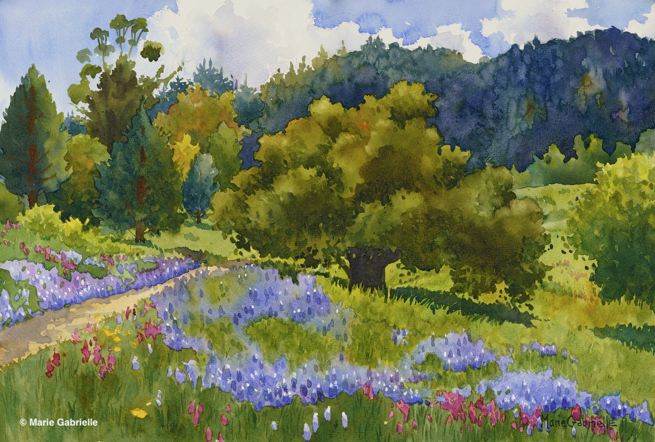 Oak Tree and Lupins, 15x22", $950
