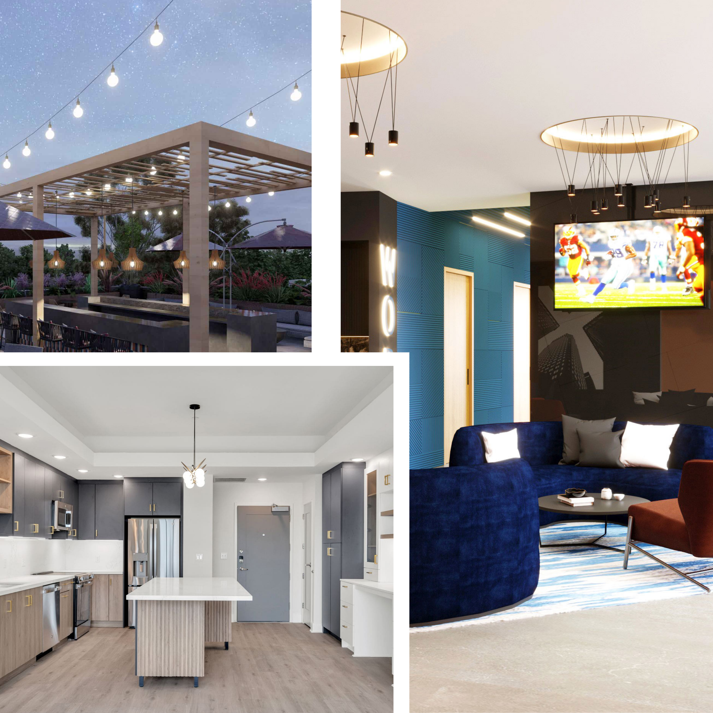 Compilation of three interior and exterior spaces: an outdoor patio with string lights and hanging lanterns at dusk, a modern kitchen with gray cabinets and white countertops, and a cozy living room with a blue velvet sofa, a wall-mounted TV showing a football game, and artistic ceiling lights.