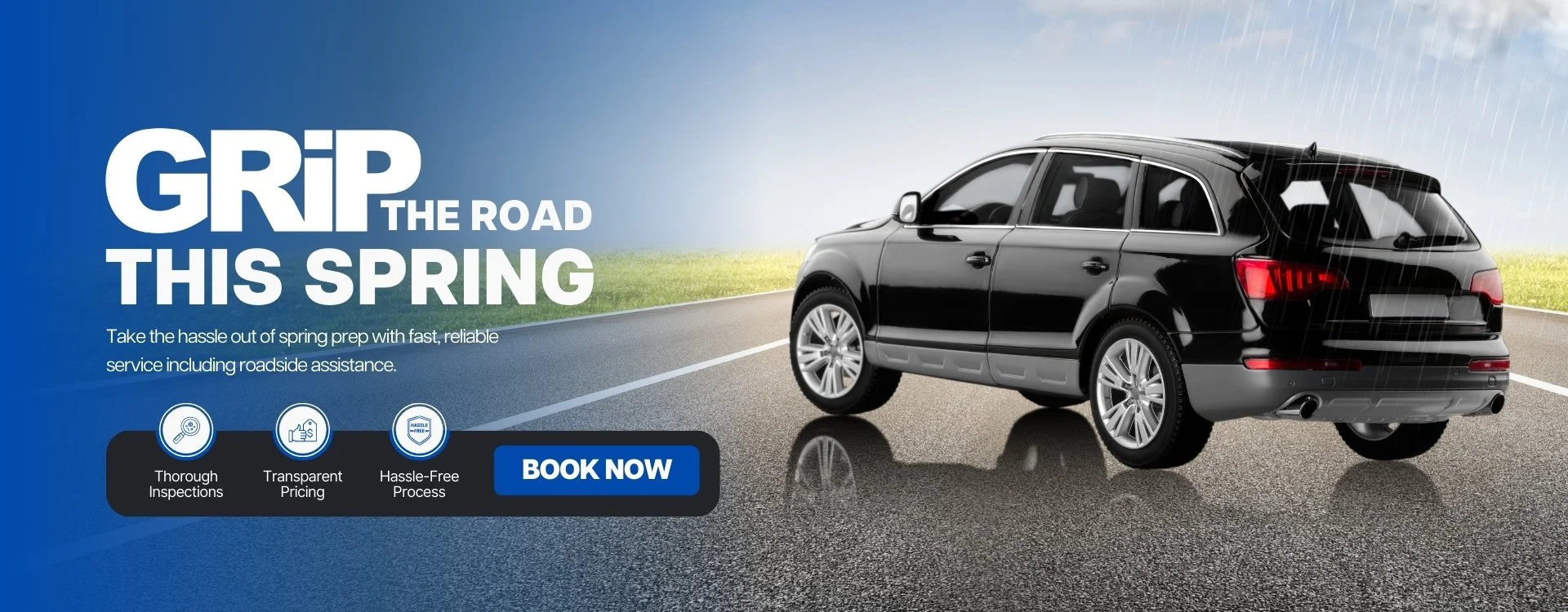 A car stopped on an empty road with text that says GRiP The Road This Spring