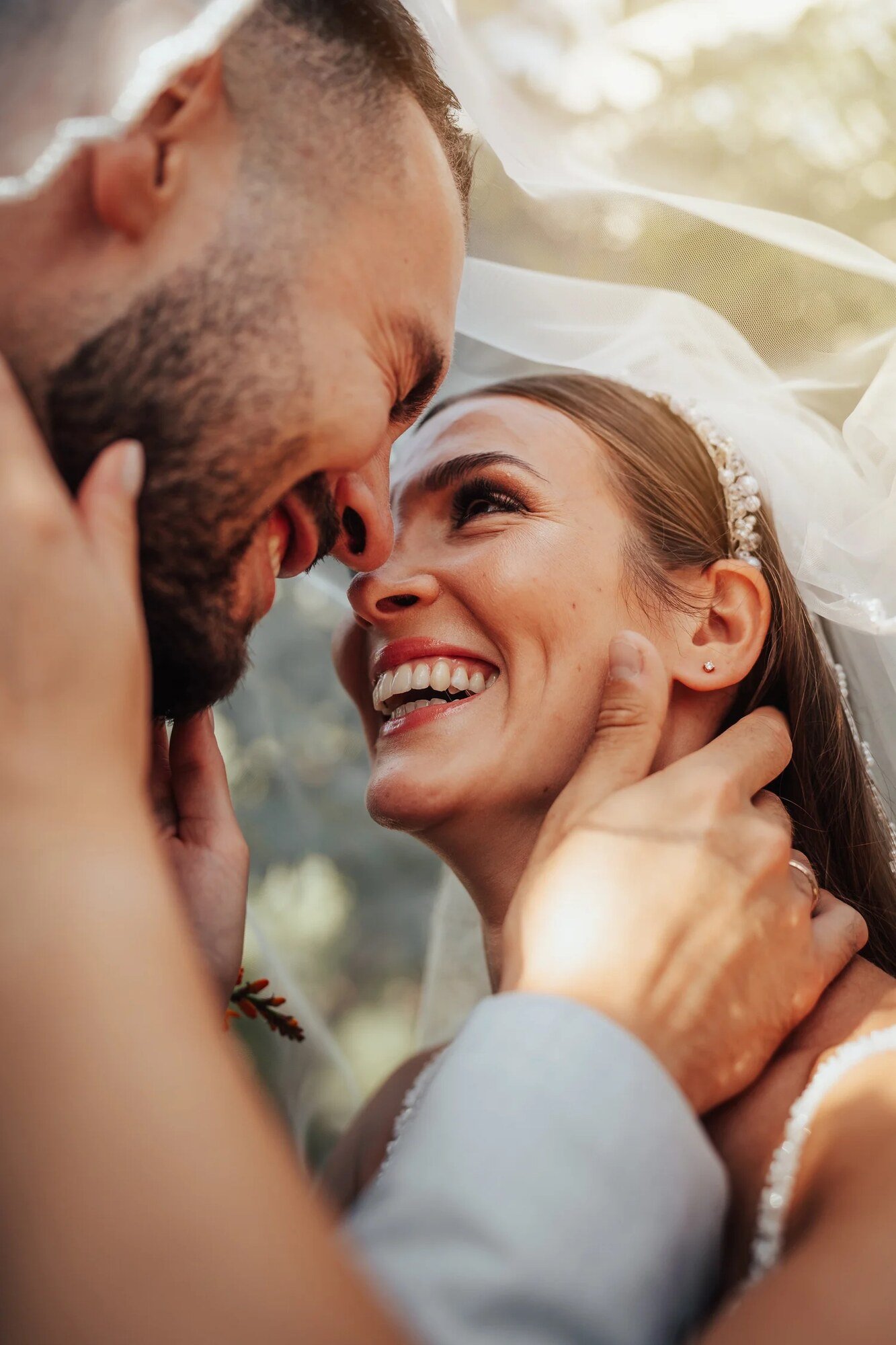 Bride laughing with the groom just after their civil wedding in Berlin