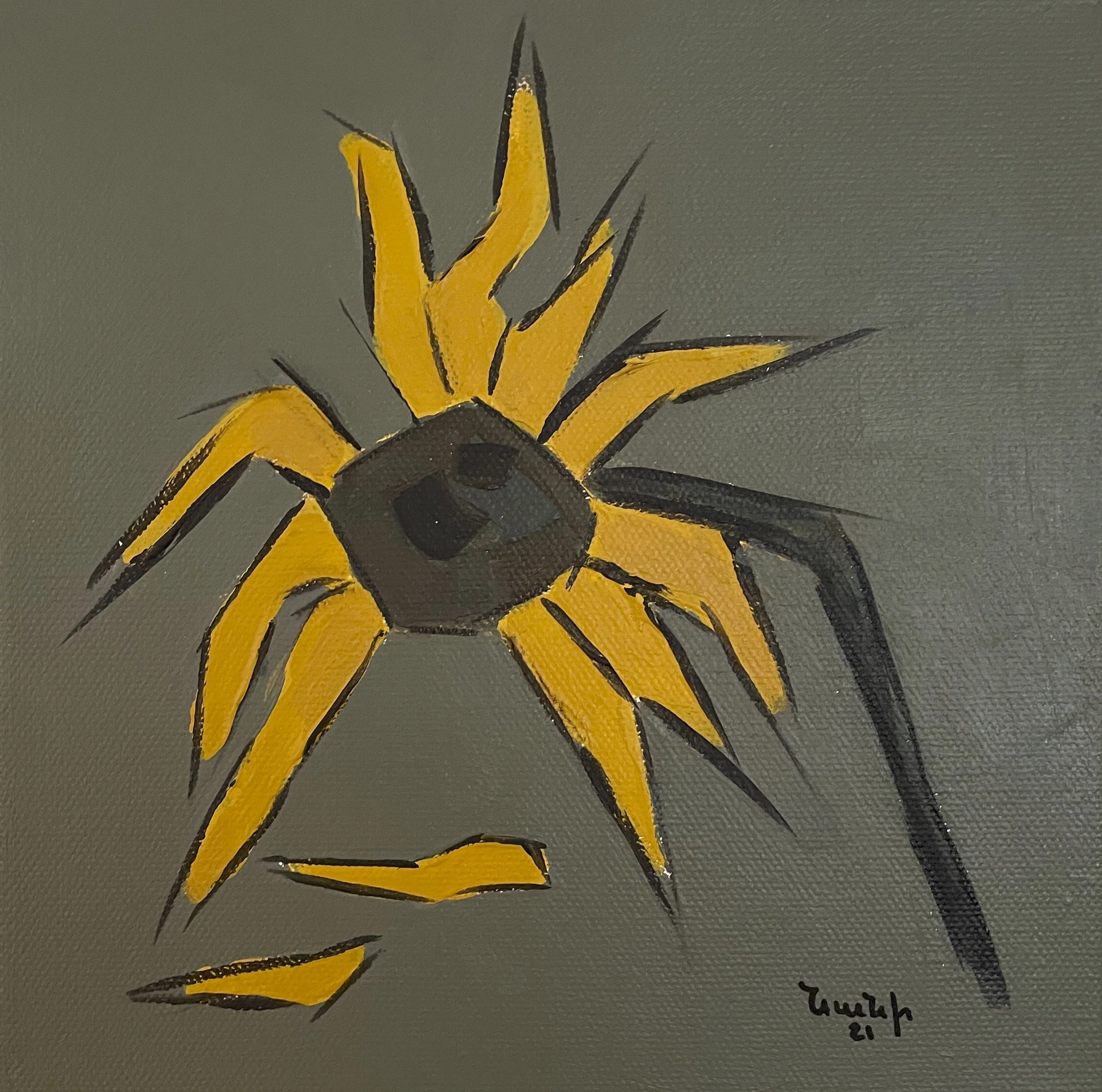 Sunflower over dark green 8’’ x 8’’ -  2021 - Acrylic on canvas