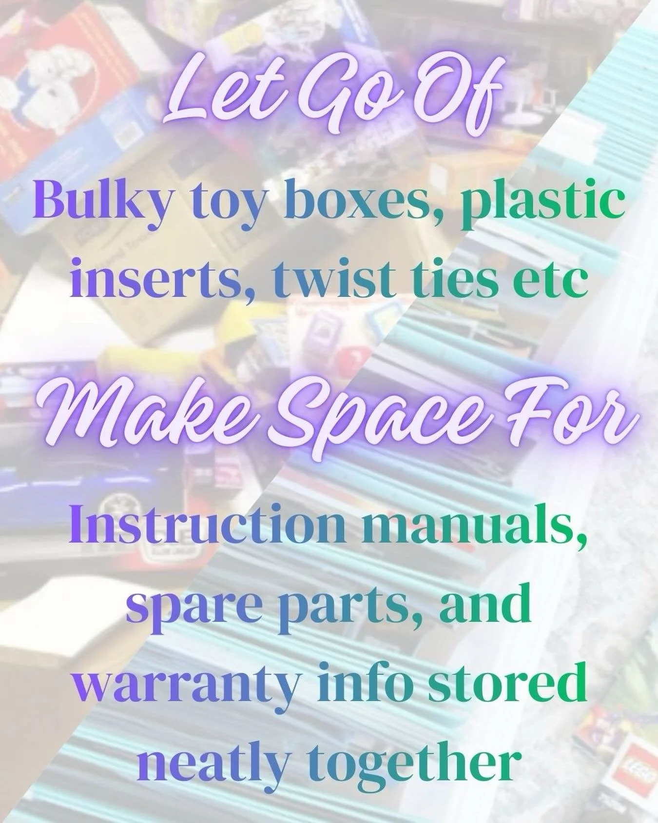 Welcome to my what&rsquo;s good to keep and what&rsquo;s good to let go of following Christmas series. Be intentional heading into the New Year.

Let go of:
🎁 Bulky toy boxes, plastic inserts, twist ties. Recycle what you can.

Make space for:
📄 In