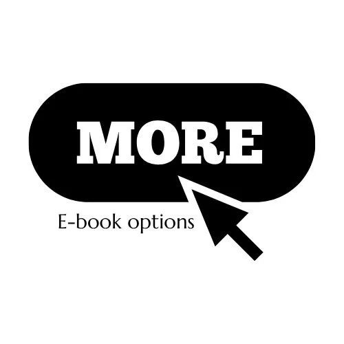 A black speech bubble with the word 'MORE' in white, bold capital letters, and a black cursor arrow pointing to it. Below, it says 'E-book options' in smaller black letters.