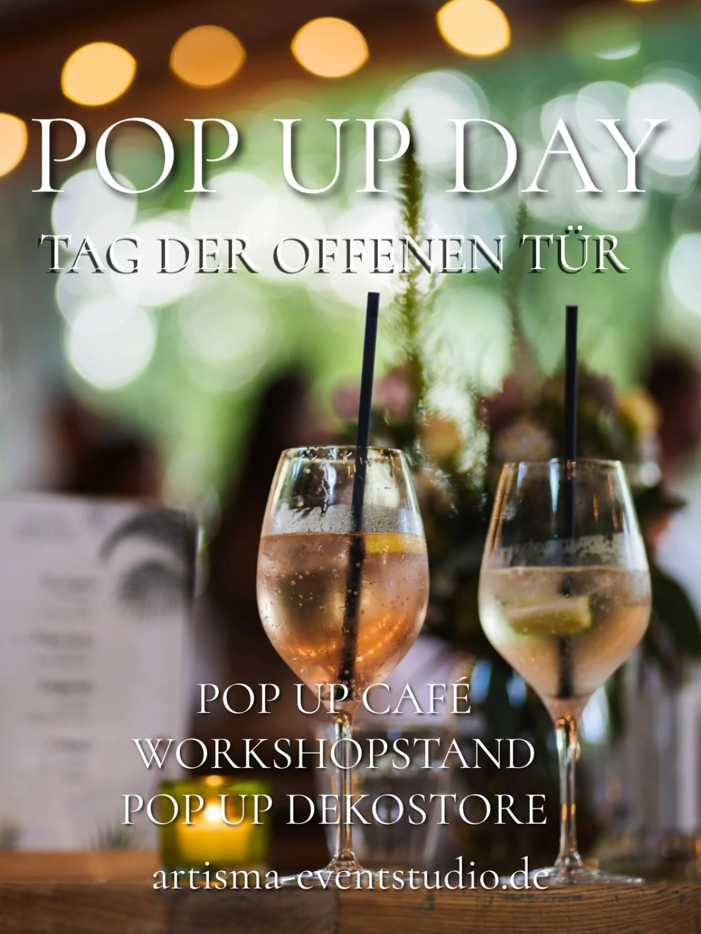 ✨ POP UP DAY✨
Tag der offenen T&uuml;r 

Sonntag, 27.07.2025 // 12.00-19.00 Uhr

Wir laden dich herzlich ein zu unserem ersten Pop-Up Day im Artisma Eventstudio!

Dich erwarten:
🍰 ein sommerliches Pop-Up Caf&eacute; mit Kuchen &amp; Kaffee, erfrisch