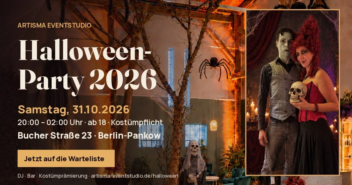 Halloween-Party 2026 im artisma Eventstudio, Samstag 31.10.2026, 20:00 bis 02:00 Uhr, Bucher Straße 23, Berlin-Pankow, mit Sabrina und René im Kostüm