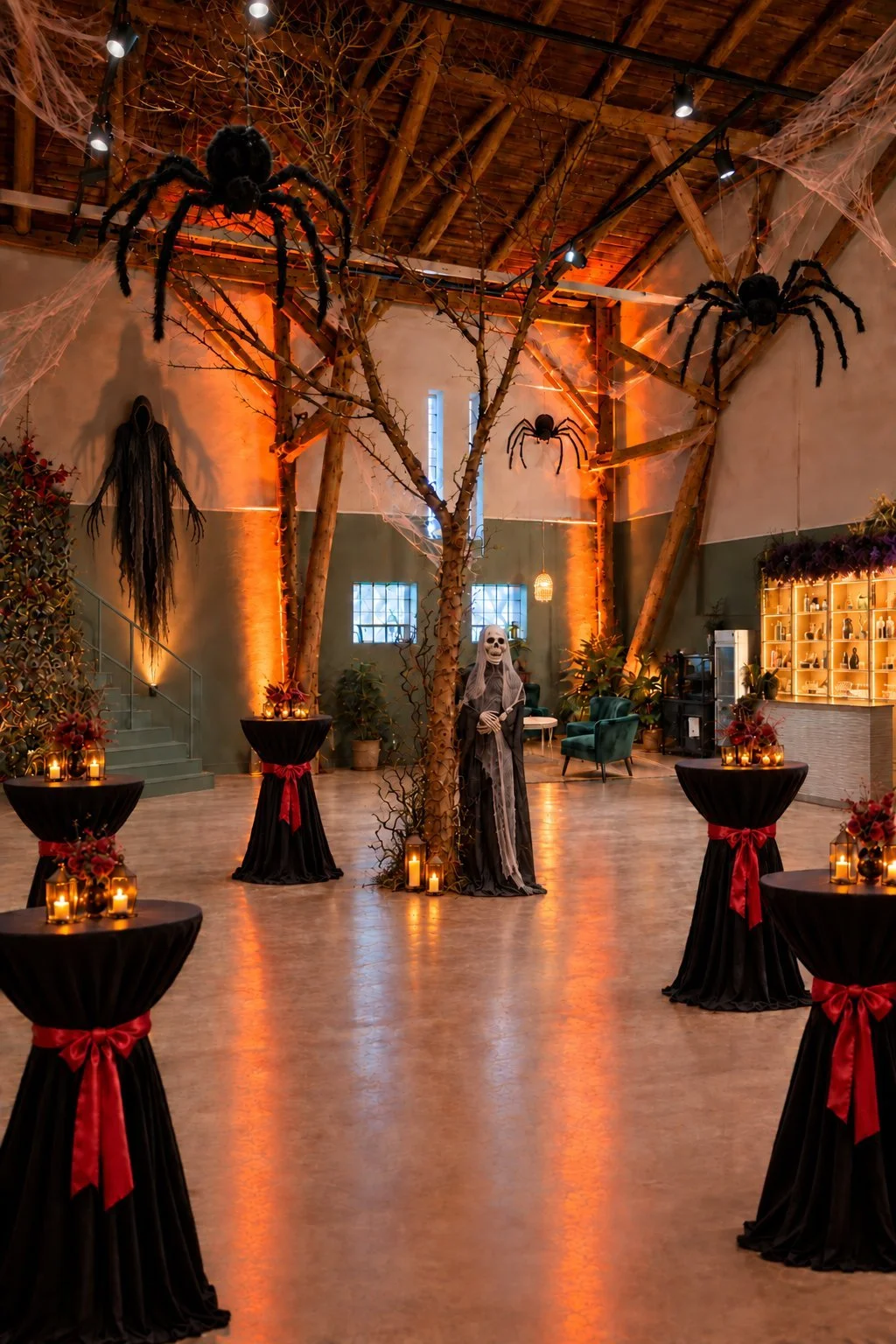 Halloween-Dekoration im artisma Eventstudio mit Riesenspinnen, schwarzen Spinnweben, Totenkopffigur am Baum und schwarz eingedeckten Stehtischen mit roten Schleifen