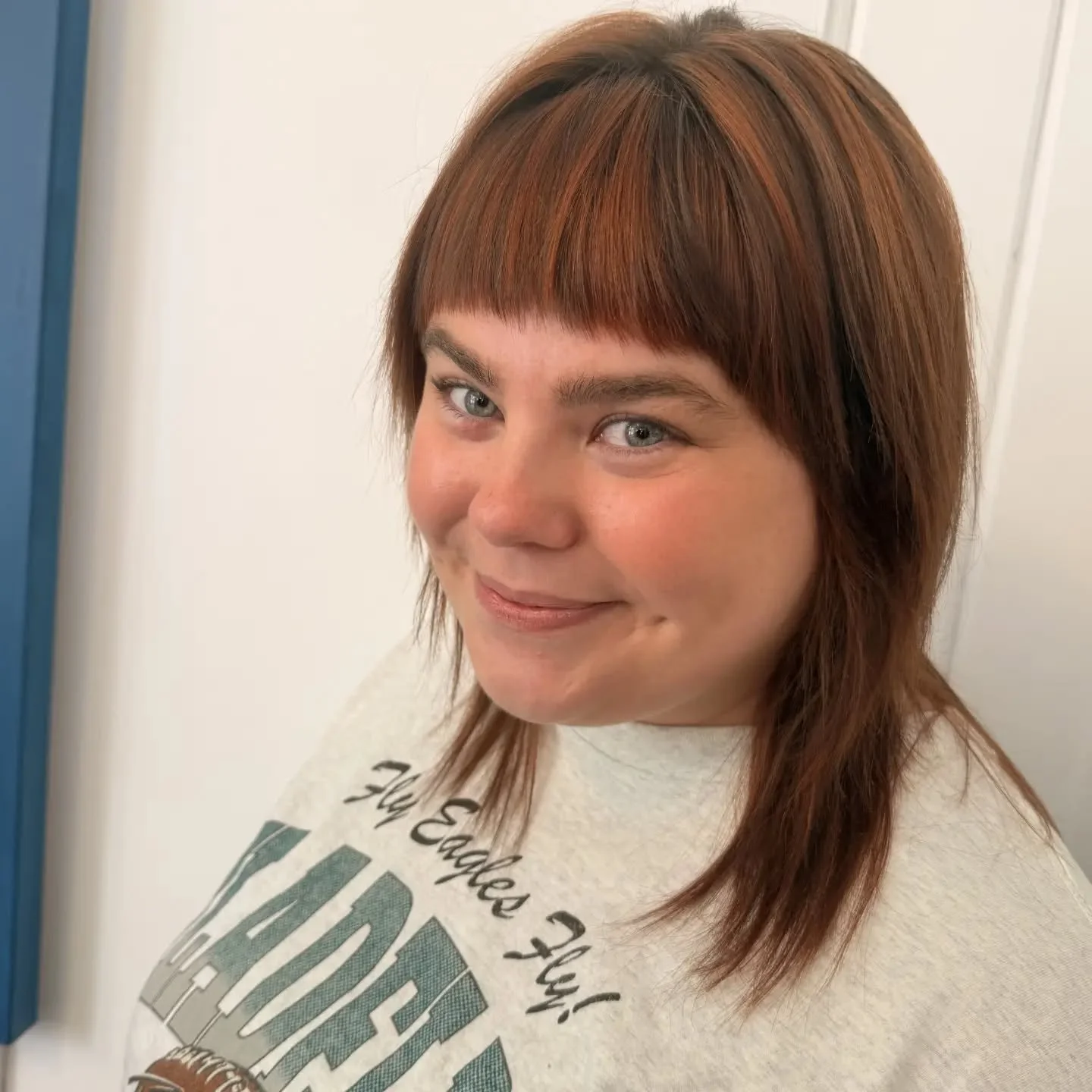 Copper highlights and baby bangs? COUNT US IN!! 
How FREAKING cute is this client? 
Our favorite part is watching your style come to life!!!