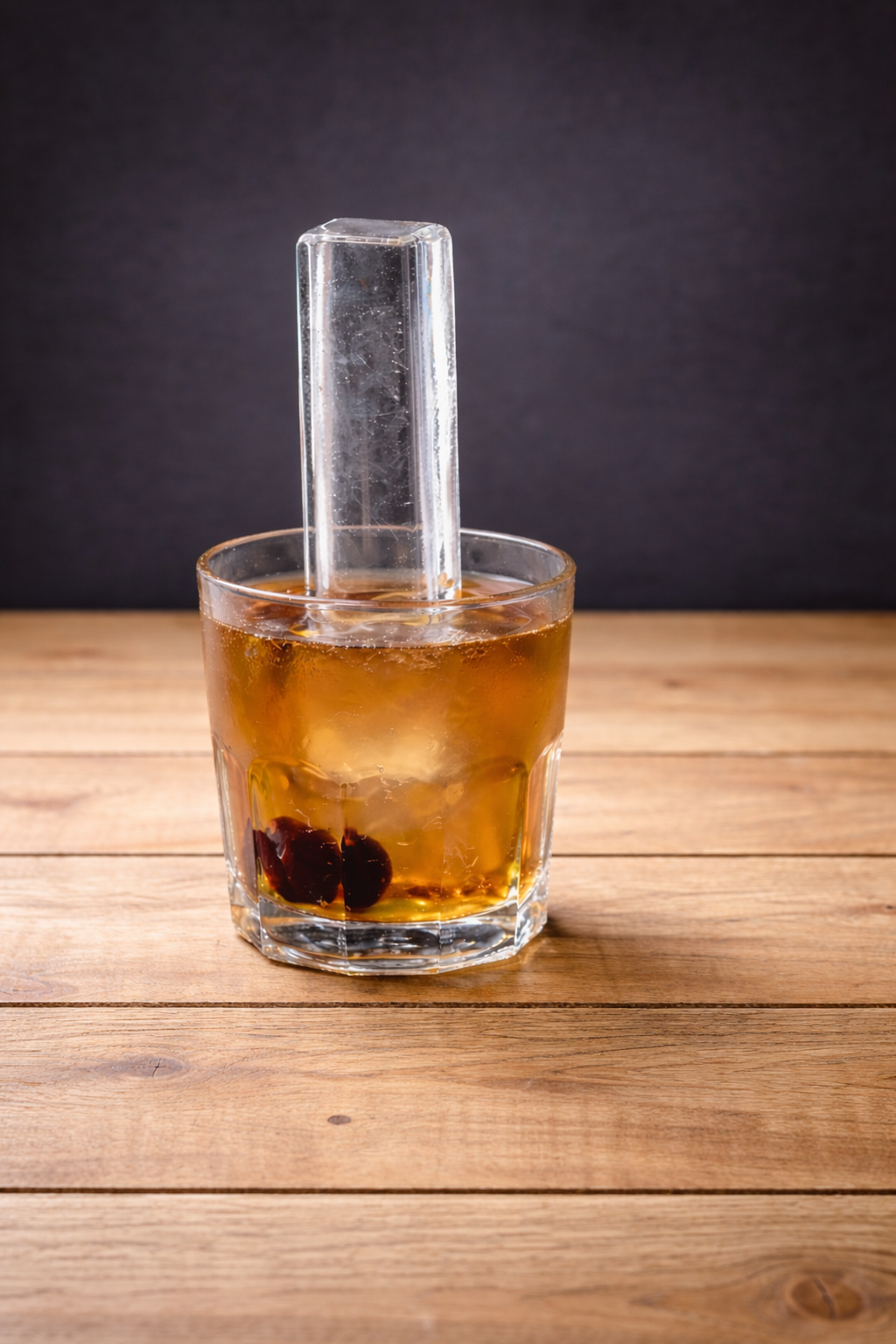 A glass of iced tea with ice cubes and cherries, with a clear glass stir stick, on a wooden table with a dark background.