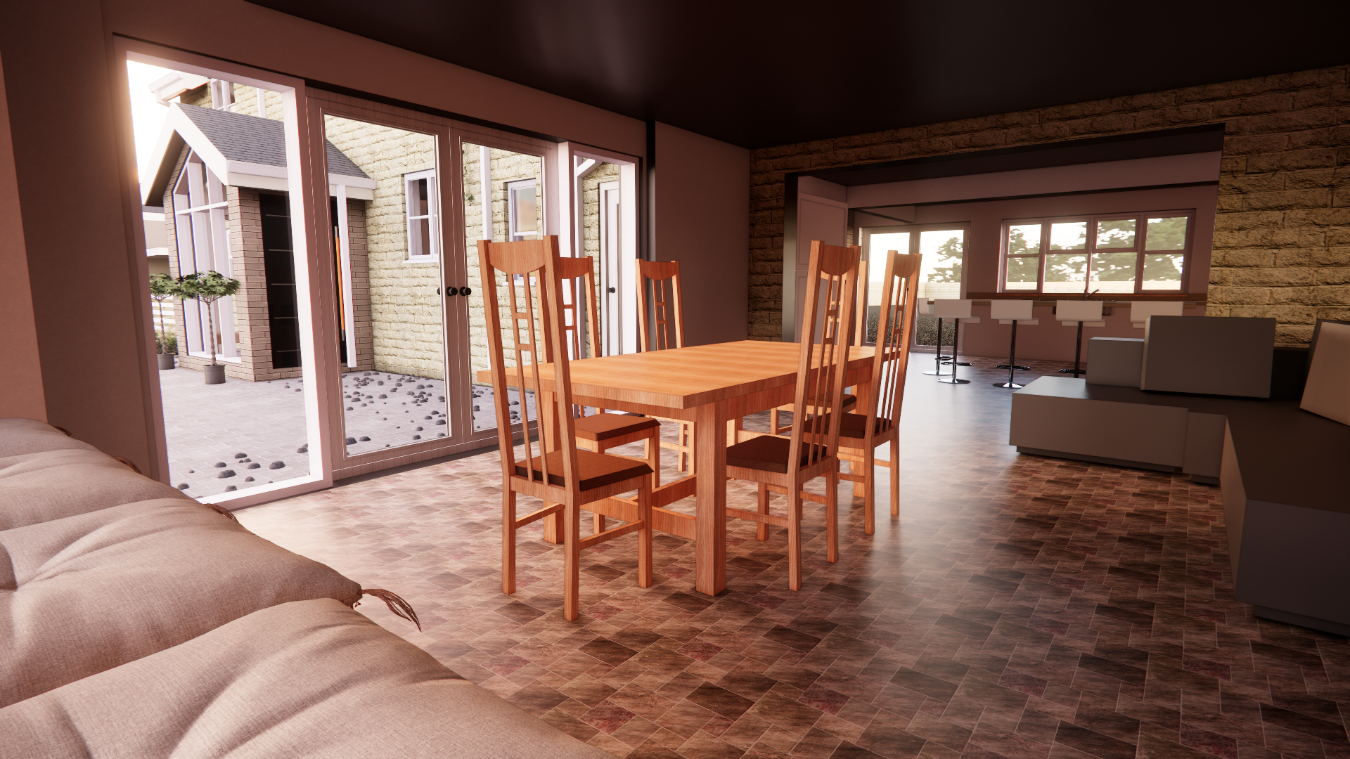 The garage area converted to dining area