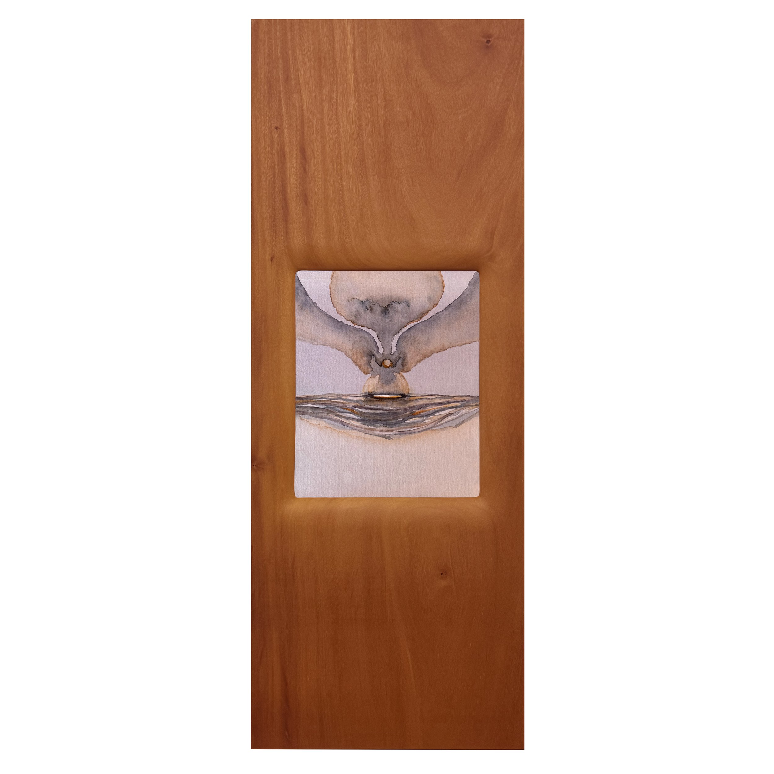 CONCHA 03, 2025.
Aquarela sobre papel e madeira esculpida. 27 x 72 cm.