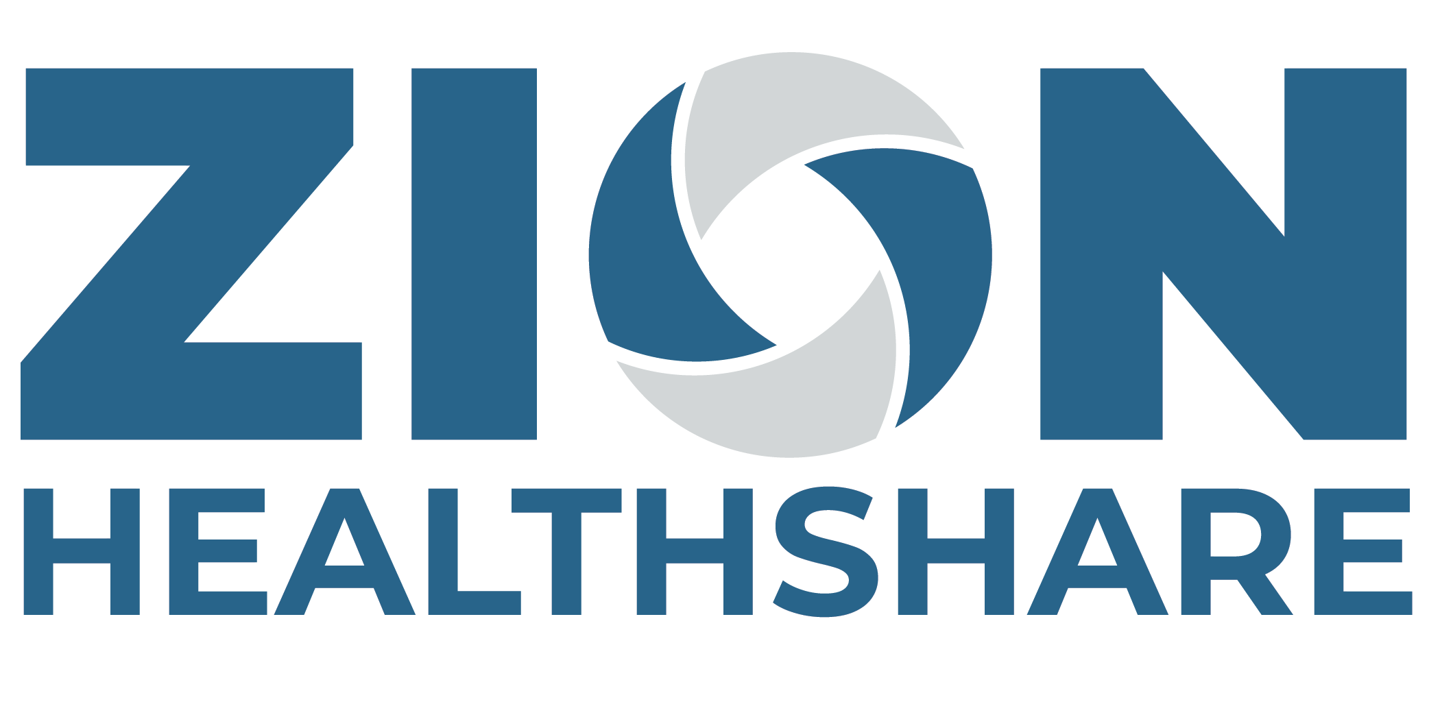 Logo for ZION HEALTHSHARE featuring bold blue letters 'ZION' with a stylized camera lens or aperture as the 'O' and the word 'HEALTHSHARE' below in smaller blue font.