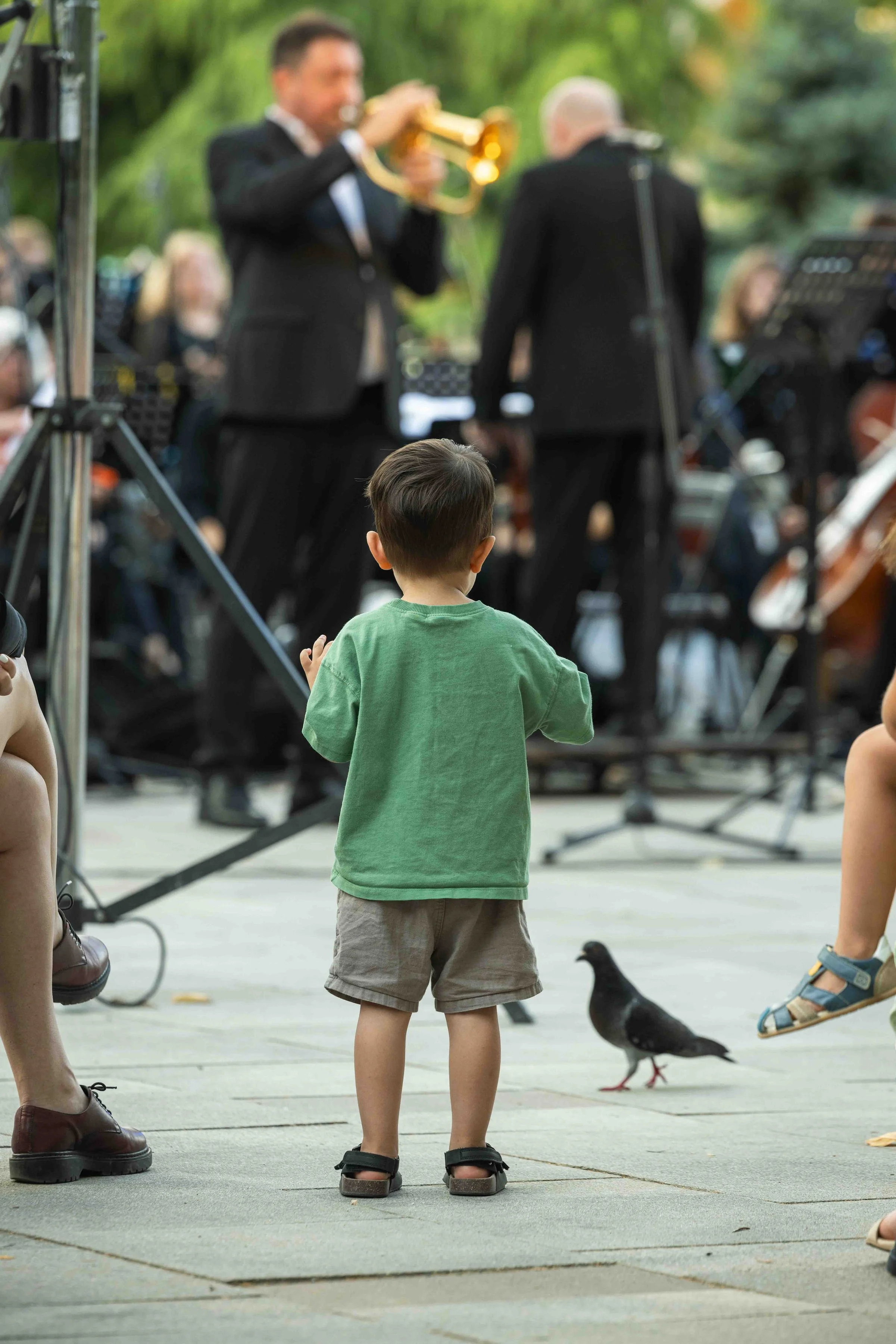 A young boy with short dark hair, wearing a green shirt, tan shorts, and sandals, stands on a sidewalk watching an outdoor orchestra performance, with a pigeon on the ground nearby.