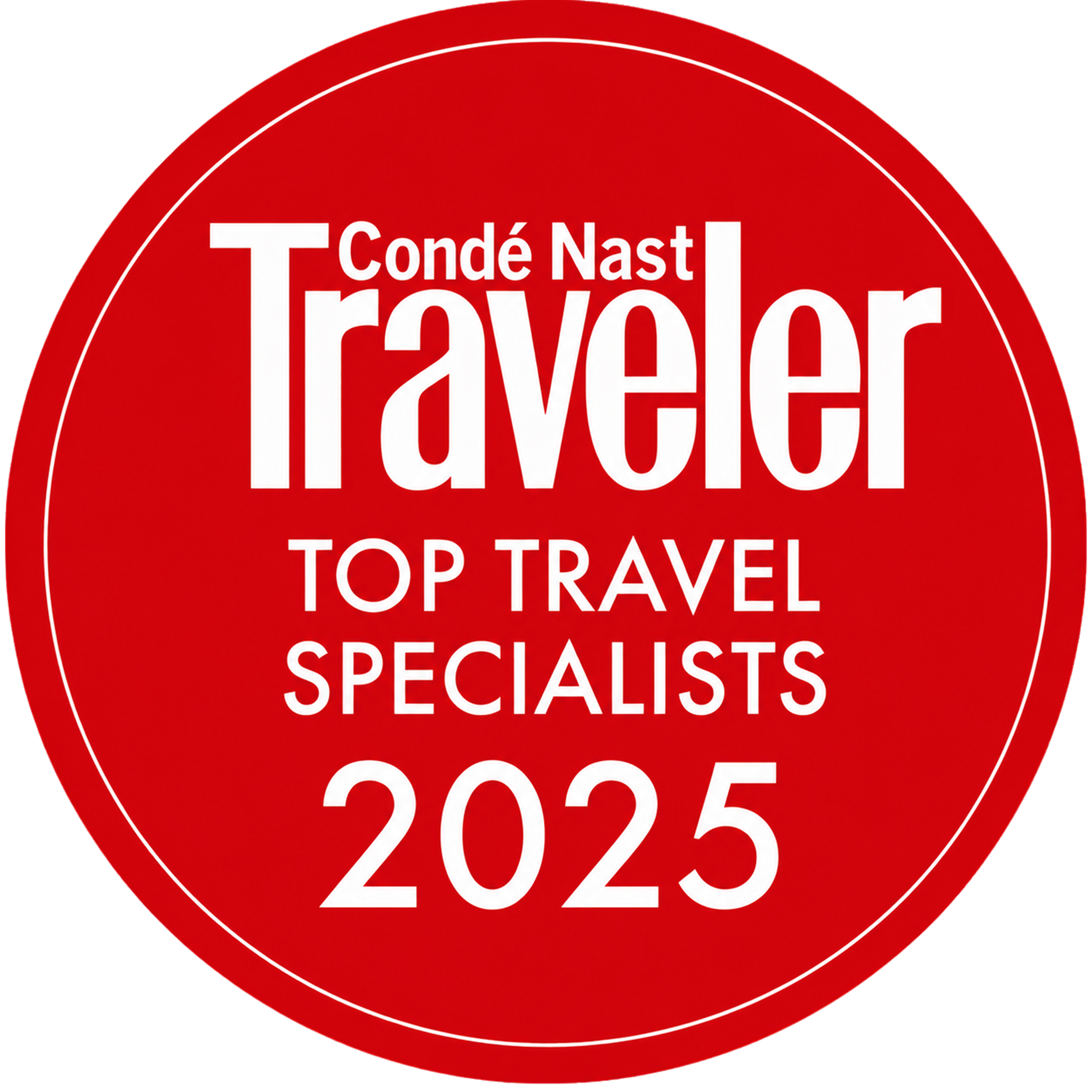 Red circular sticker with white text that says 'Condé Nast Traveler Top Travel Specialists 2023'.