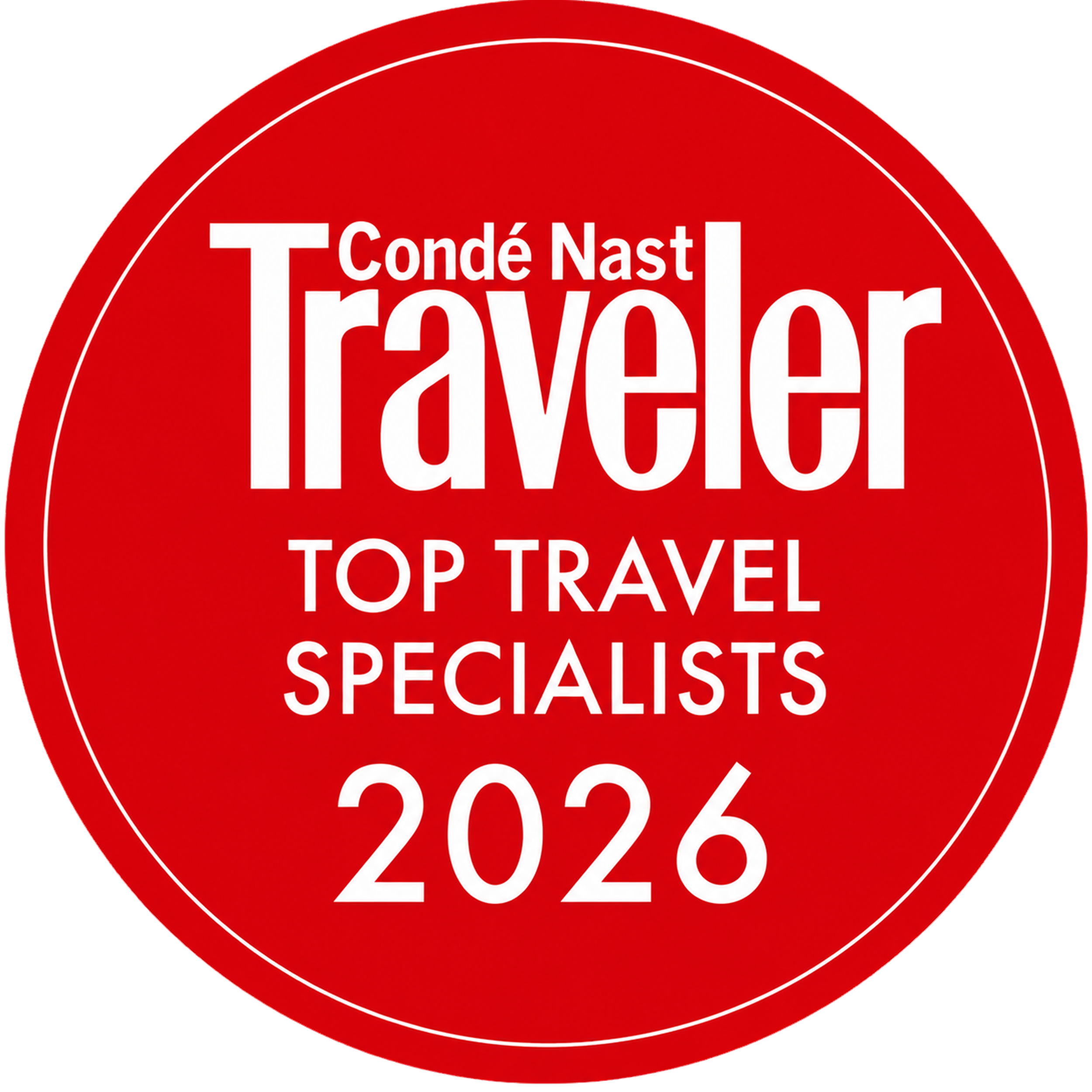 Red circular sign with white text that reads 'Condé Nast Traveler, Top Travel Specialists, 2026'.