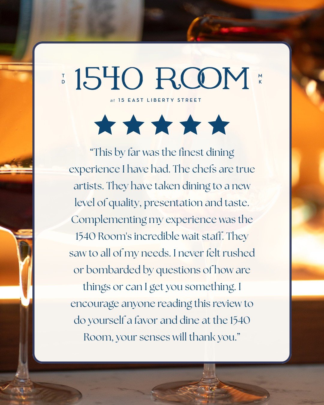 At 1540 Room, every dish and every moment is crafted with intention, and we&rsquo;re grateful when guests feel it! Thank you for recognizing our chefs&rsquo; artistry and the dedication of our incredible service team. We can&rsquo;t wait to have you 