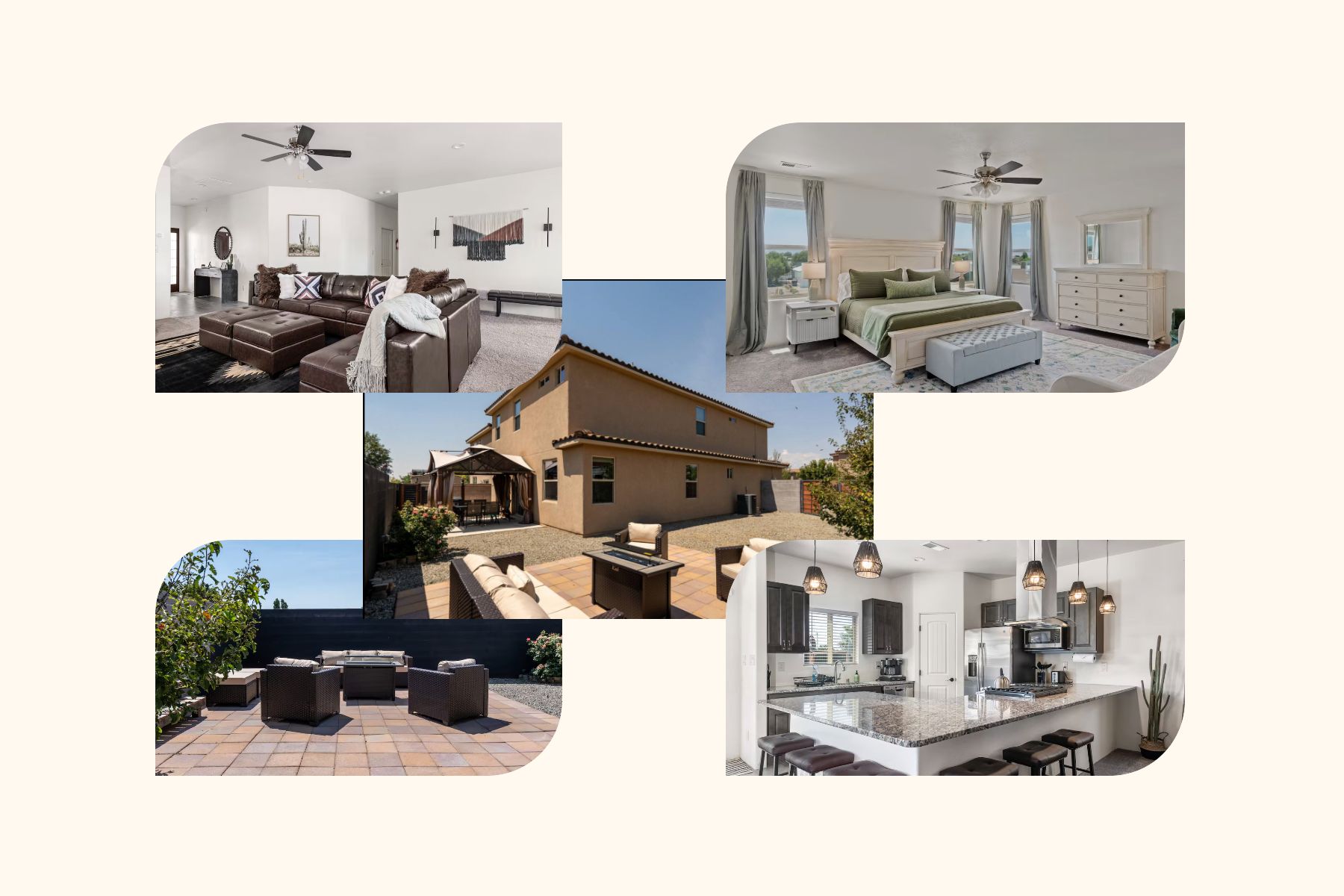 Collage of interior and exterior views of a house, showing a living room, bedroom, outdoor patio, and kitchen.