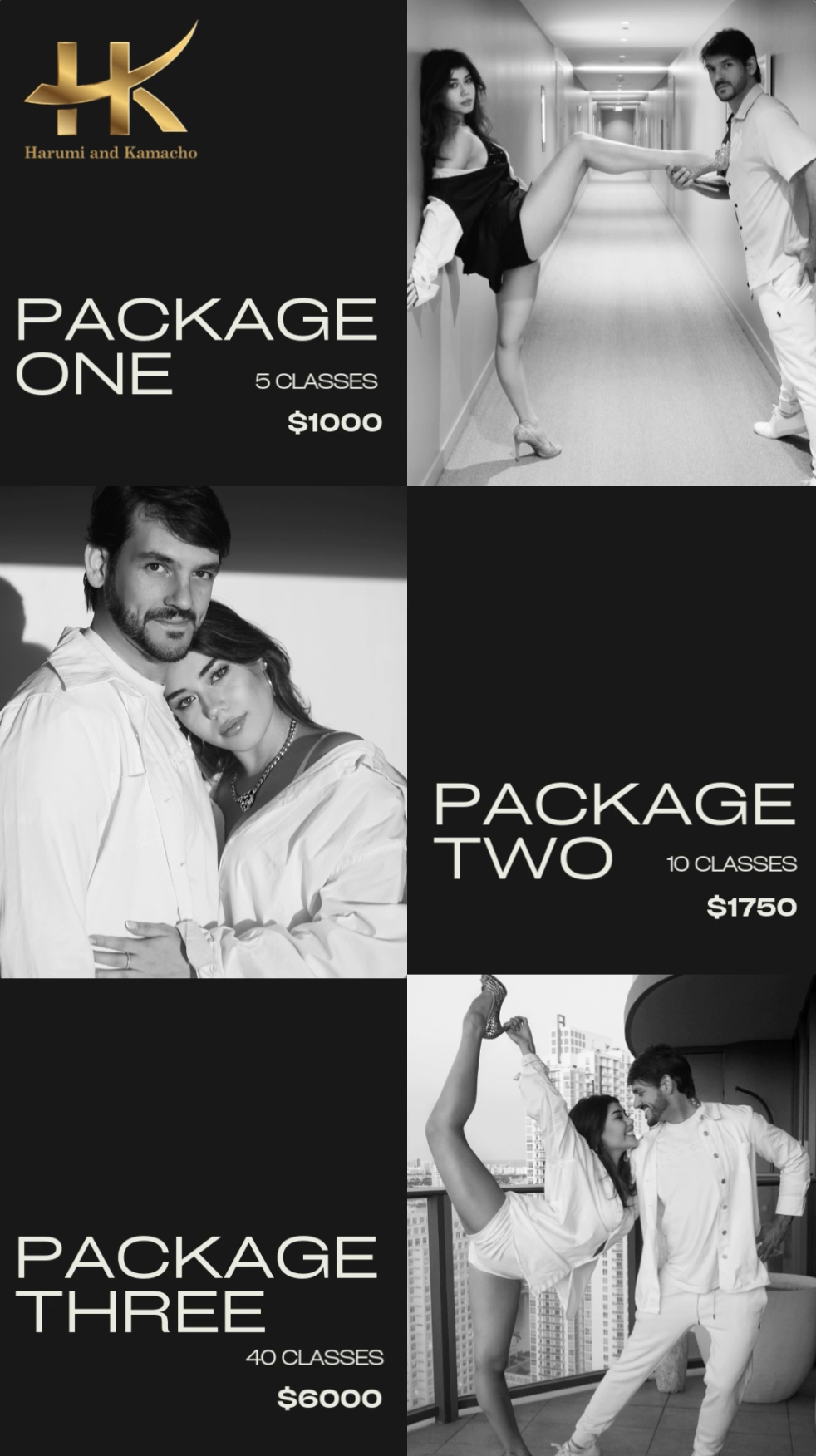 A promotional flyer for Harumi and Kamacho dance classes featuring three different packages: Package One for $1000 with 5 classes, Package Two for $1750 with 10 classes, and Package Three for $6000 with 40 classes. The flyer includes black and white photographs of a couple dancing and dressed fashionably, with a stylish logo at the top.
