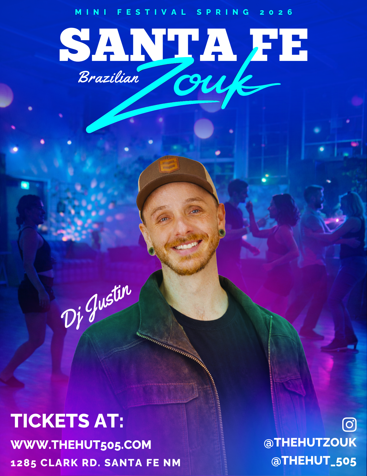 Event poster for the Mini Festival Spring 2026 featuring Brazilian DJ Zouk in Santa Fe. The background shows a dance party with people dancing under colorful lights. The poster includes information about ticket purchase at www.thehut505.com, location