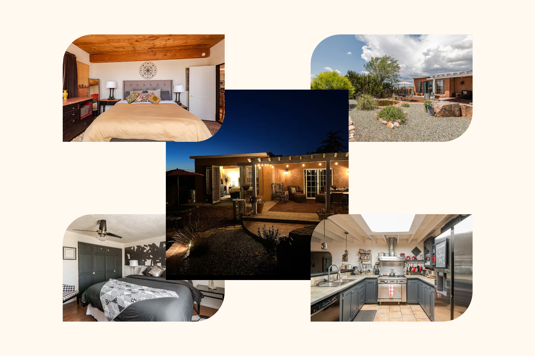 Collage of five images showing different rooms and outdoor areas of a house, including bedrooms, a kitchen, a patio at night, and an outdoor landscaped yard during the day.