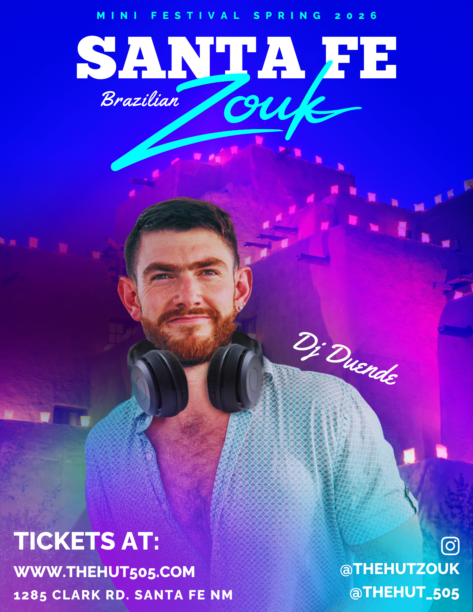 Promotional poster for the Mini Festival Spring 2026 featuring Santa Fe Brazilian Zouk dance event, with a man wearing headphones and a background of a colorful illuminated building.
