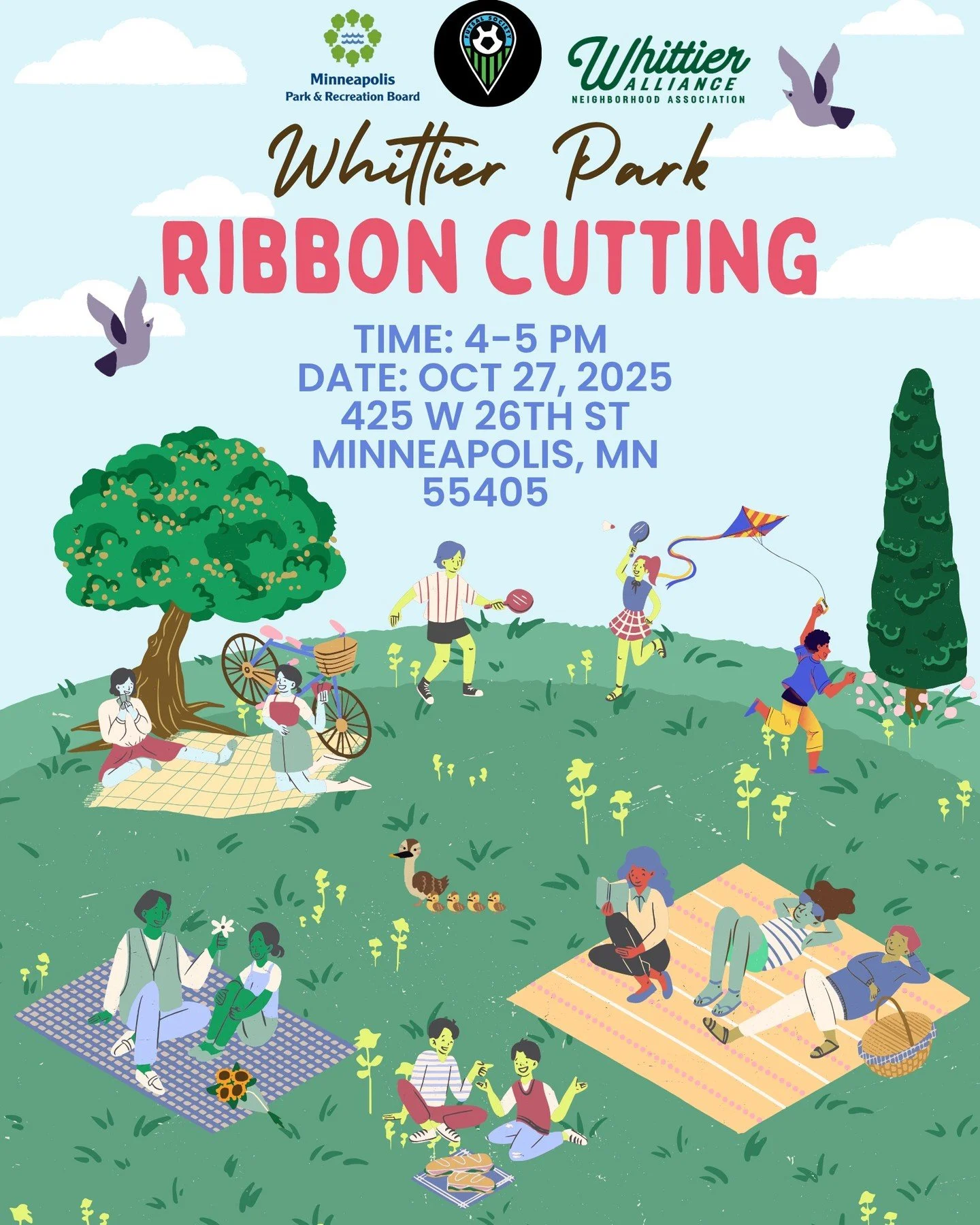 Save the date to celebrate the return of Whittier Park!
Monday, October 27, from 4-5pm at Whittier Park (425 W 26th St)
Have you seen the park's new features yet?
⚽ Enclosed futsal / basketball court
🛝 New playground for little (2 to 5-year-old) a