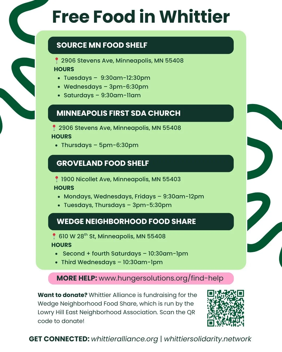 GET FOOD + GIVE BACK
SNAP benefits may be paused starting Nov 1. Here's what you can do.

🥫 Need food? Check out this list of food shelves in the neighborhood (plus one just across Franklin in Stevens Square).

💗 Want to donate? Link in our bio to 