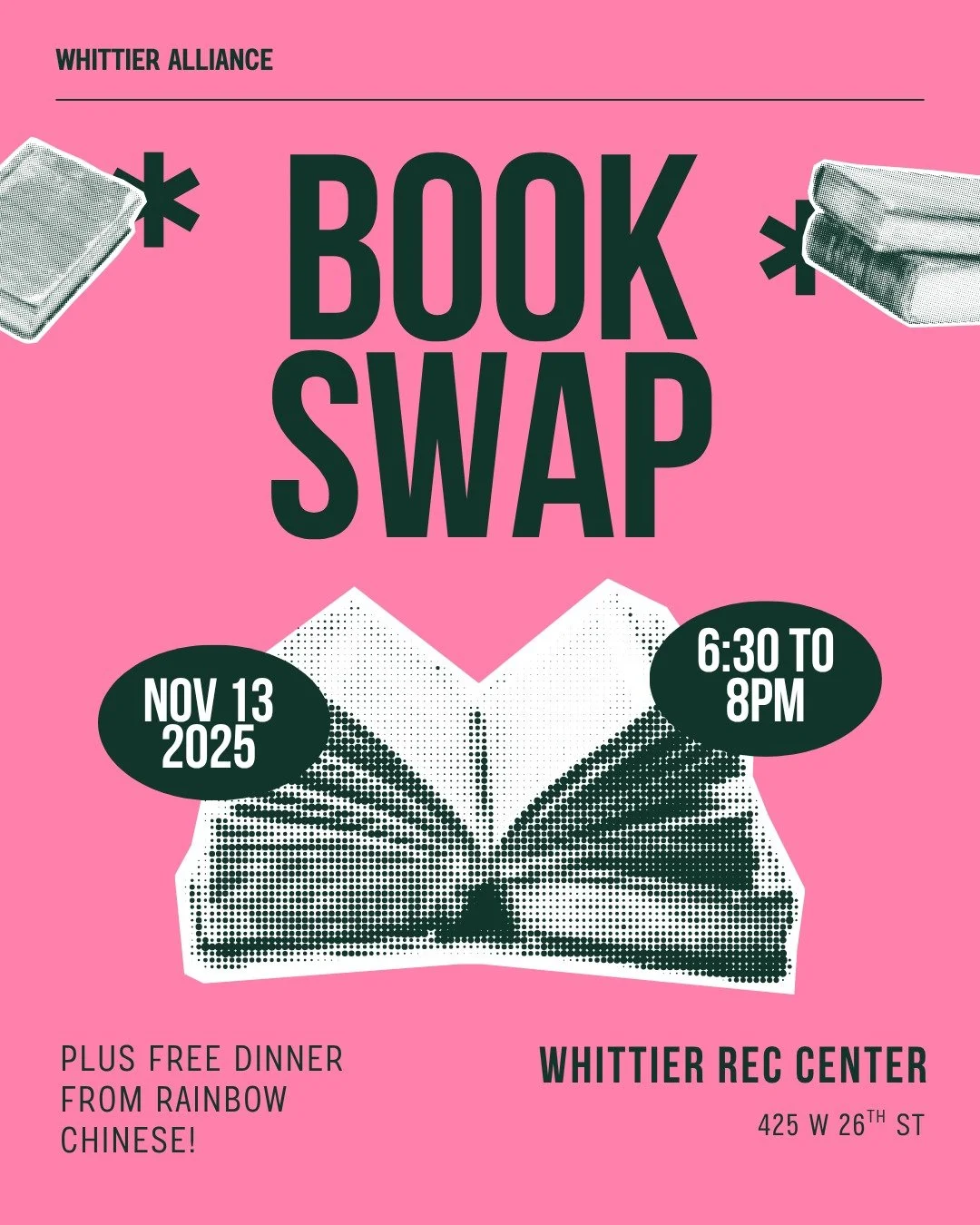Get a book, give a book 📚

Our next Community Dinner is doubling as a BOOK SWAP!

Bring books you're ready to pass on + grab new-to-you books for free. Thanks to @onceuponacrimebooks for donating tons of advanced reader copies + bookmarks to the swa
